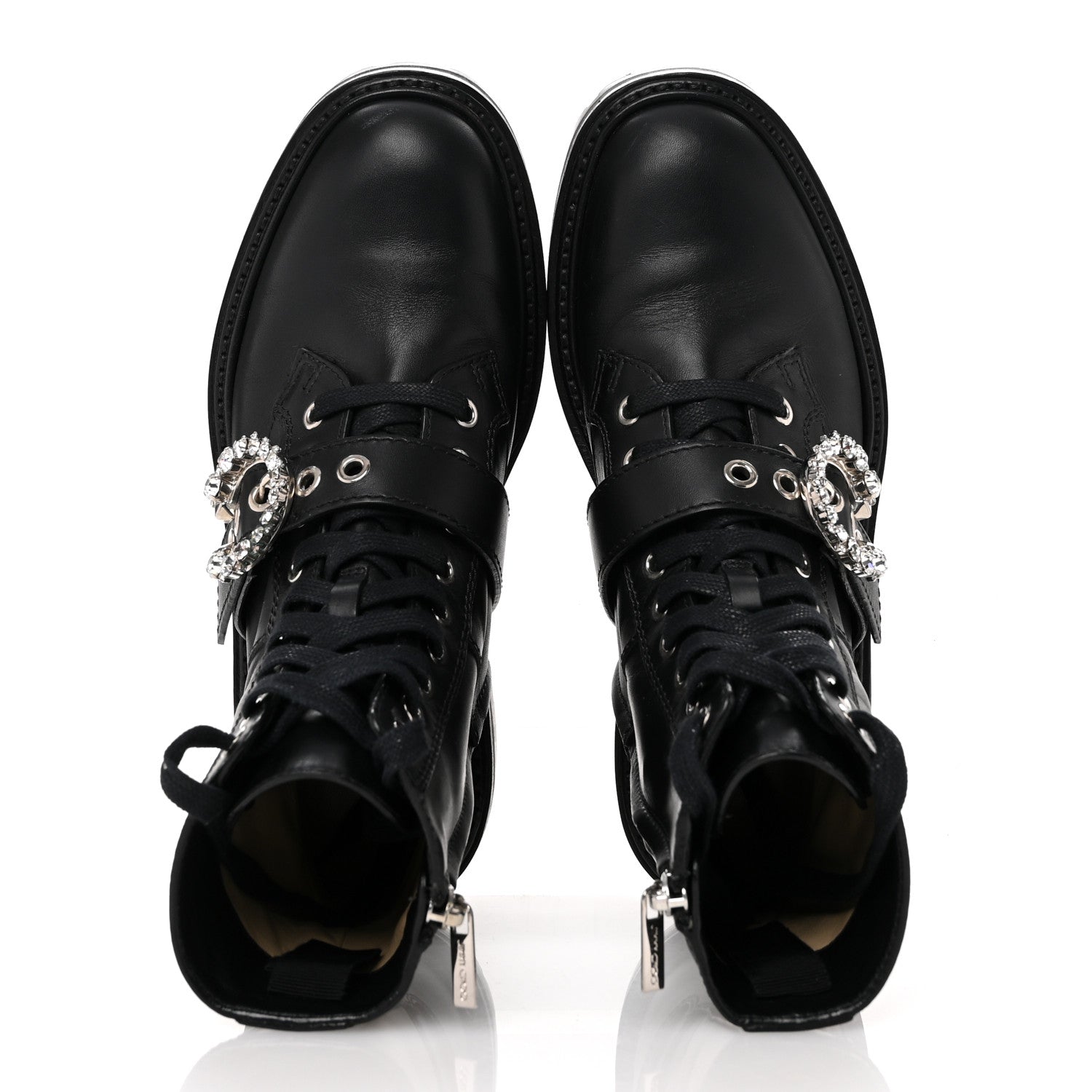 Jimmy Choo Calfskin Crystal Embellished Cora Flat Combat Boots 36 Black 2 of 8