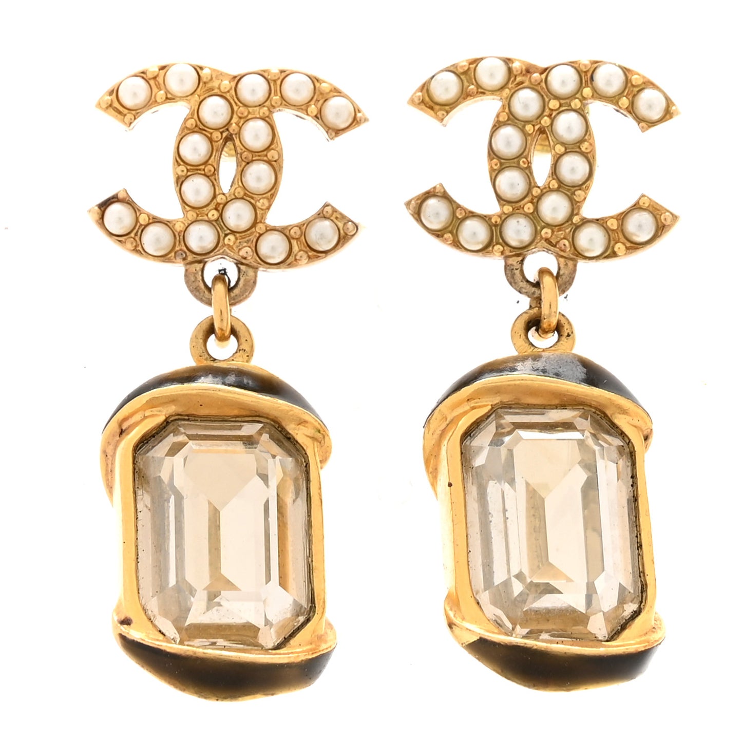 Crystal Pearl CC Drop Earrings Gold White