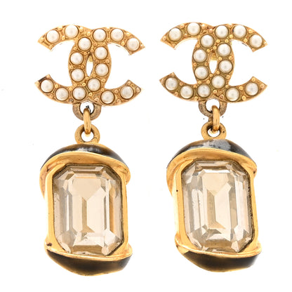 Chanel Crystal Pearl CC Drop Earrings Gold White 1 of 10
