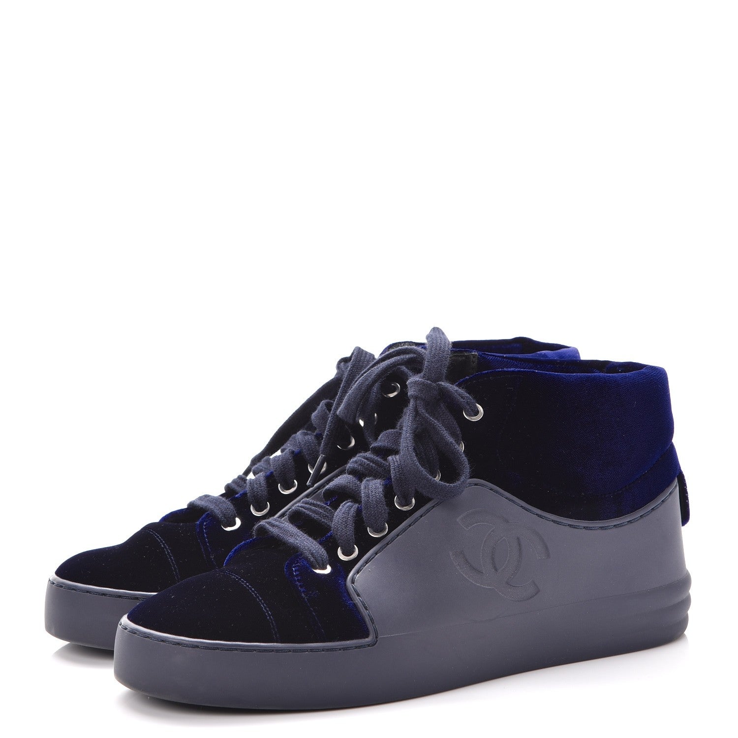 Chanel Calfskin Velvet CC Sneakers 35.5 Navy Blue 3 of 10