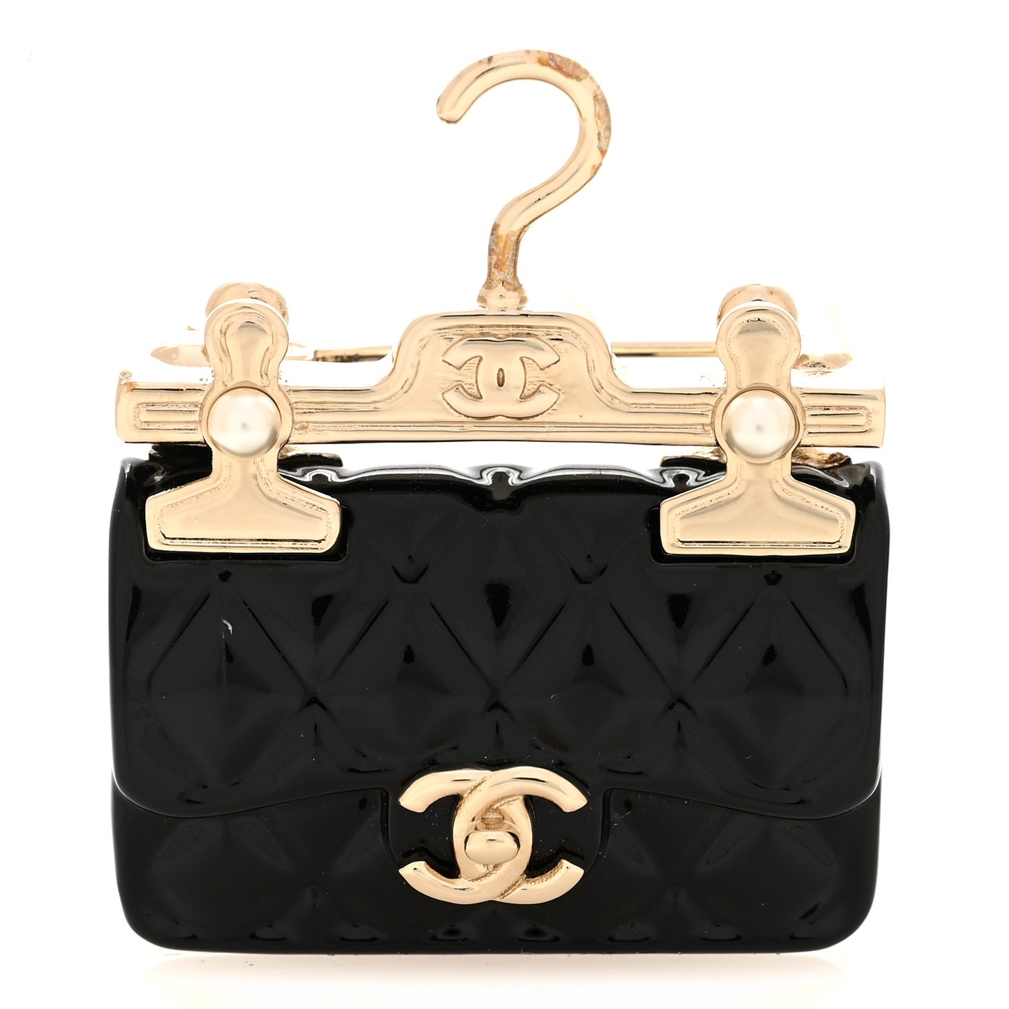 Metal Enamel Quilted Flap Hanger Brooch Gold Black