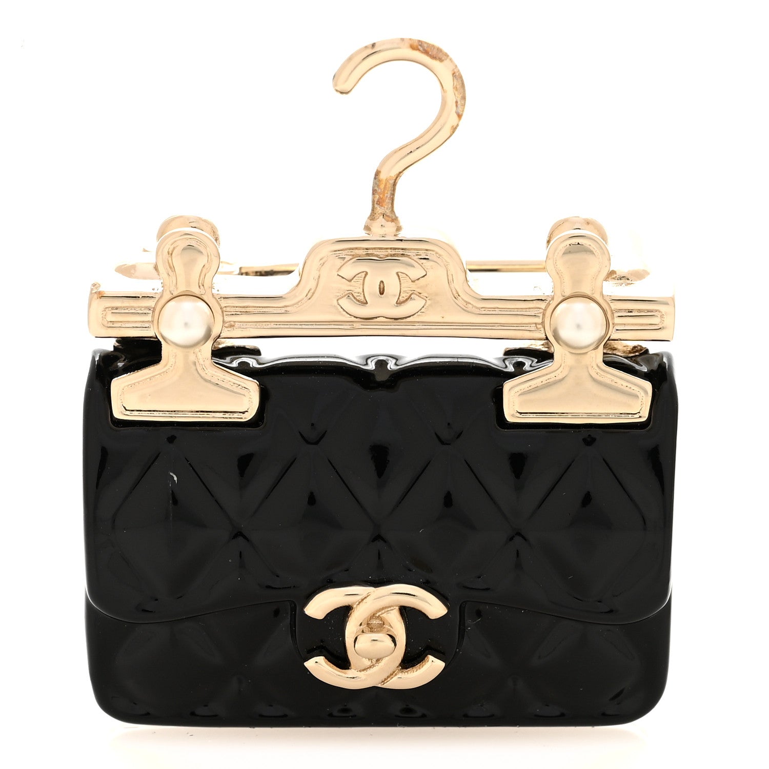 Chanel Metal Enamel Quilted Flap Hanger Brooch Gold Black 1 of 4