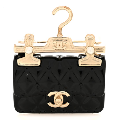 Chanel Metal Enamel Quilted Flap Hanger Brooch Gold Black 1 of 4
