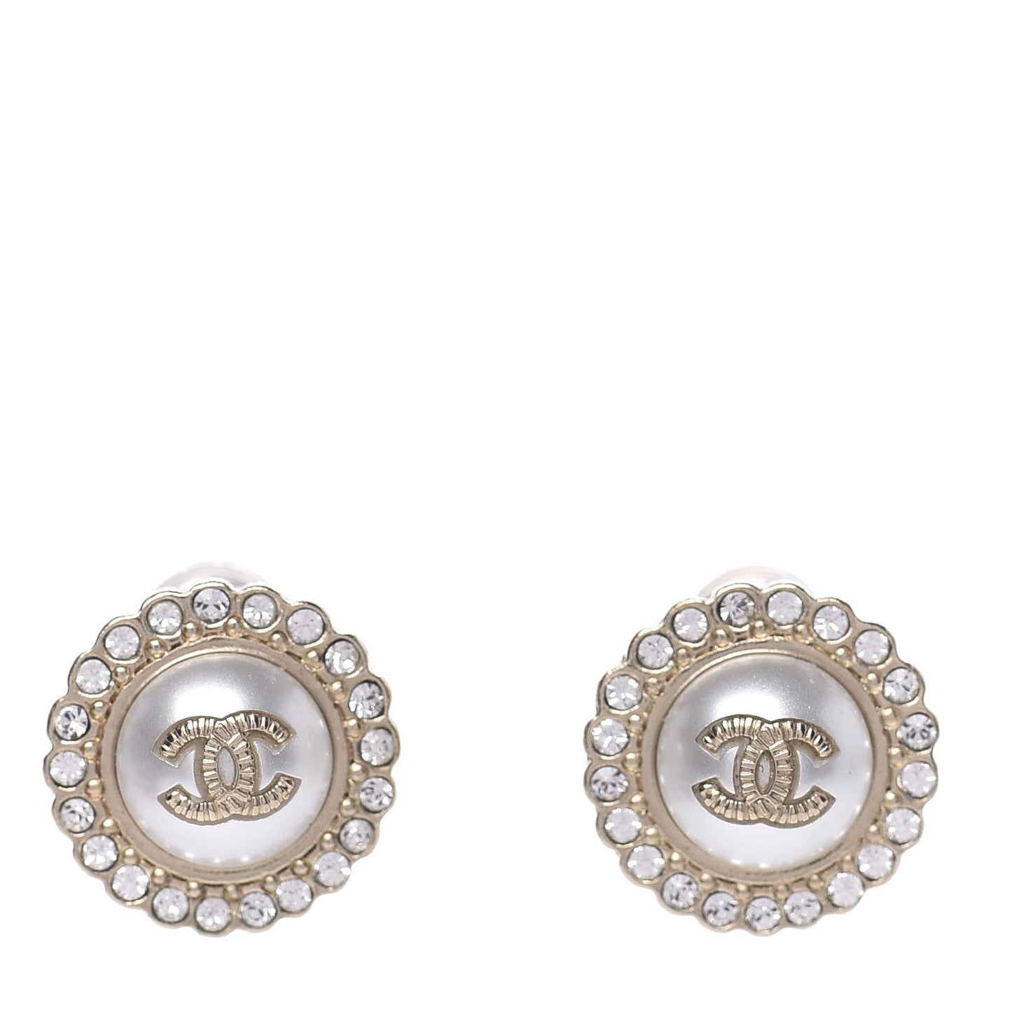 Metal Pearl Crystal CC Round Earrings Light Gold