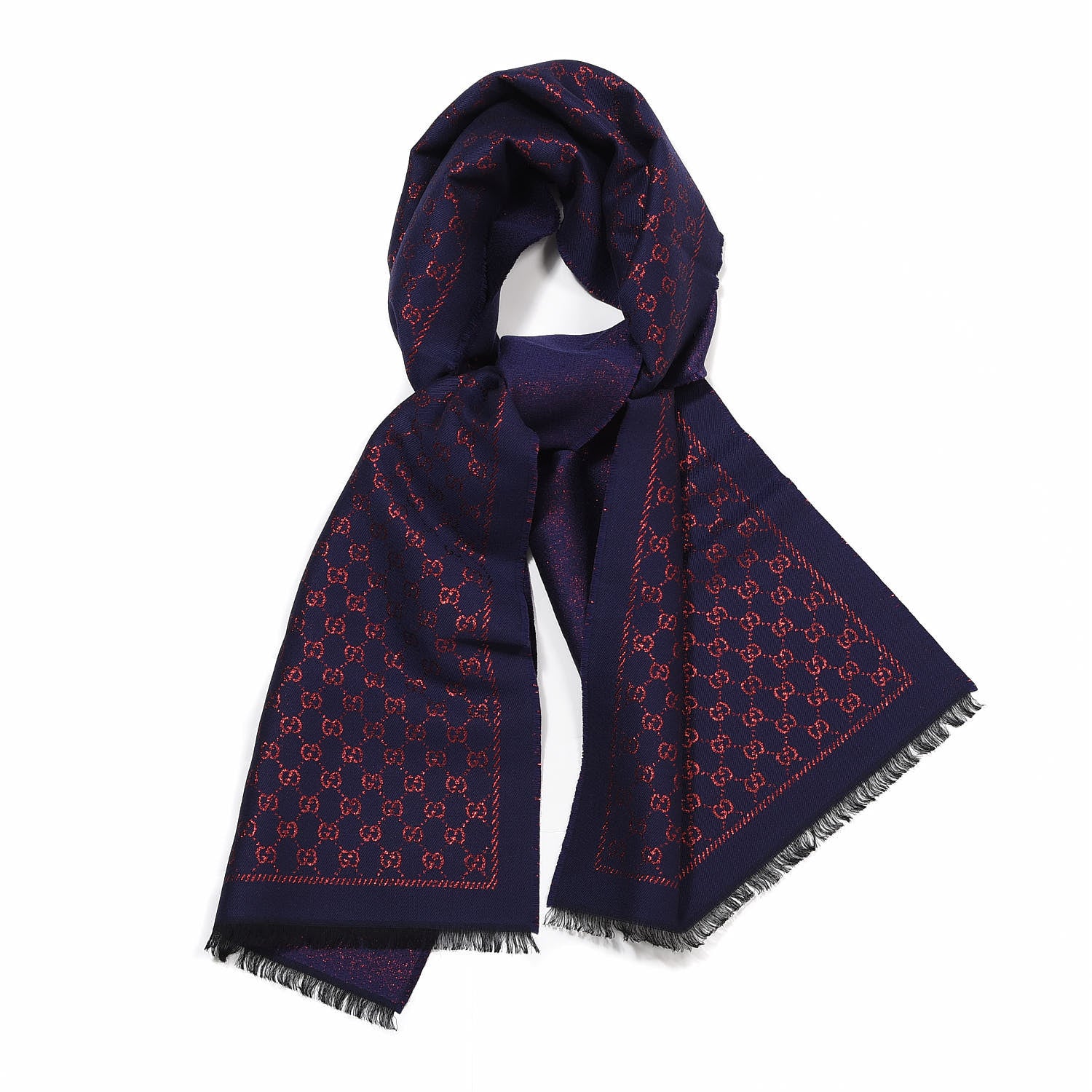 Gucci Wool Silk Jacquard GG Monogram Stenix Scarf Navy Red 1 of 4