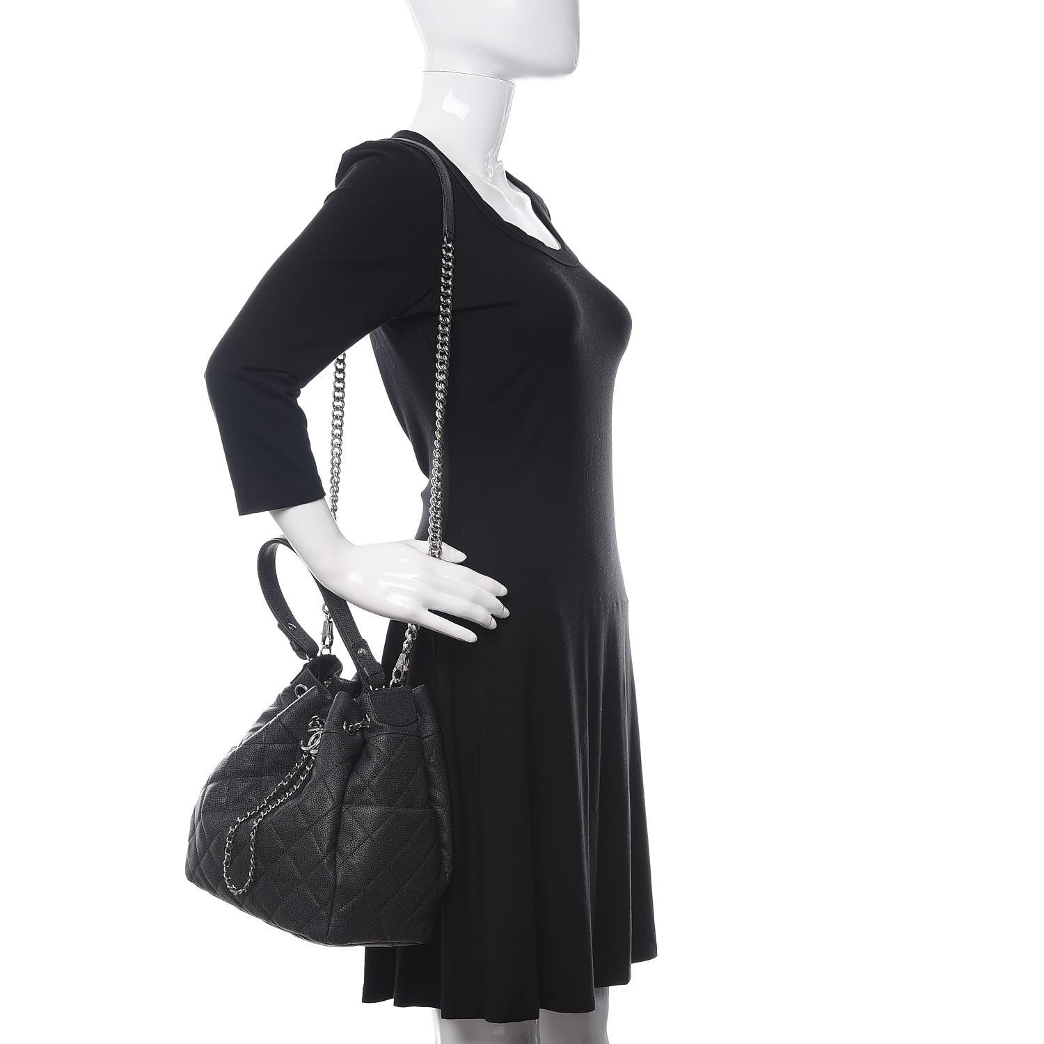 Chanel Grained Calfskin Quilted Medium CC Chain Bucket Drawstring Bag Black 2 of 11