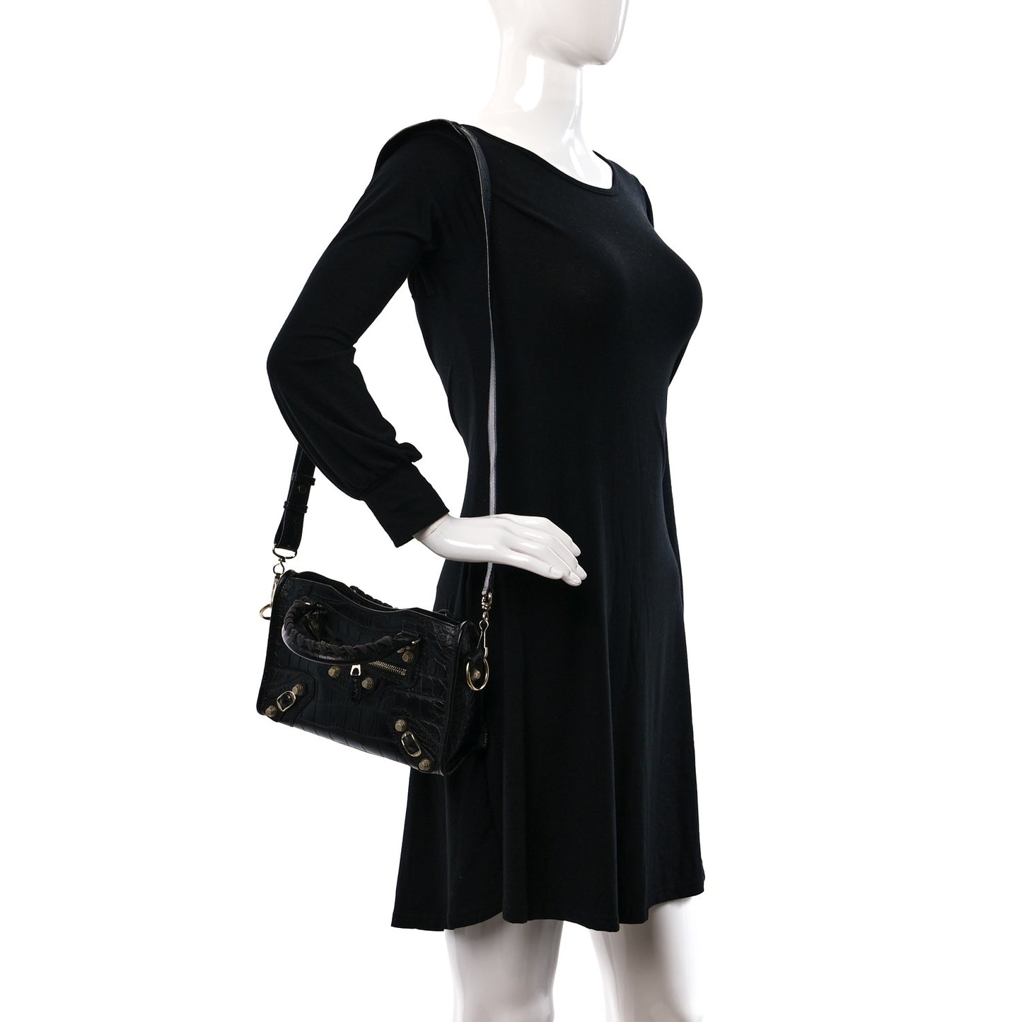 Calfskin Giant 12 Gold Hardware Crocodile Embossed Mini City Black