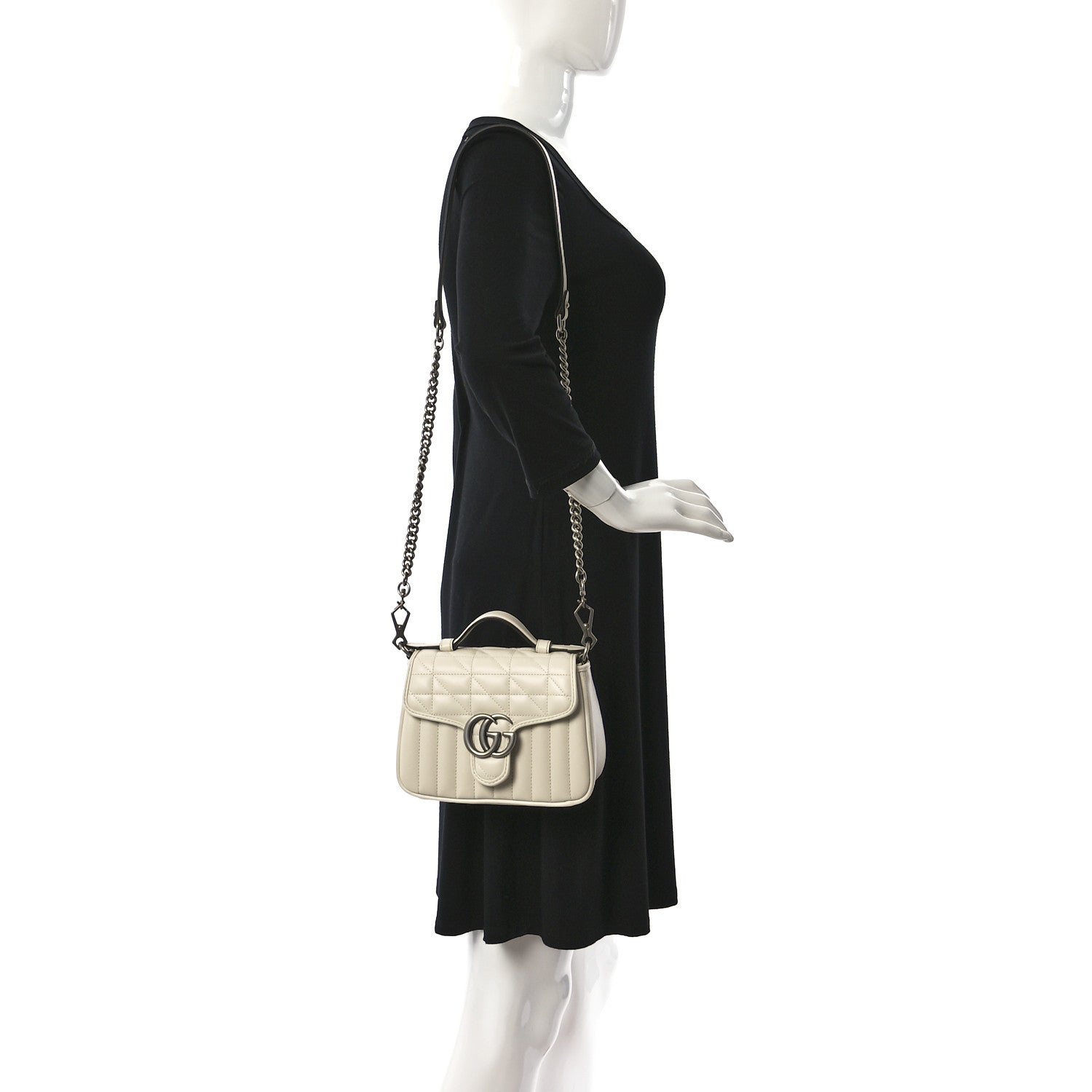 Gucci Calfskin Matelasse Aria Mini GG Marmont Top Handle Shoulder Bag Mystic White 2 of 9