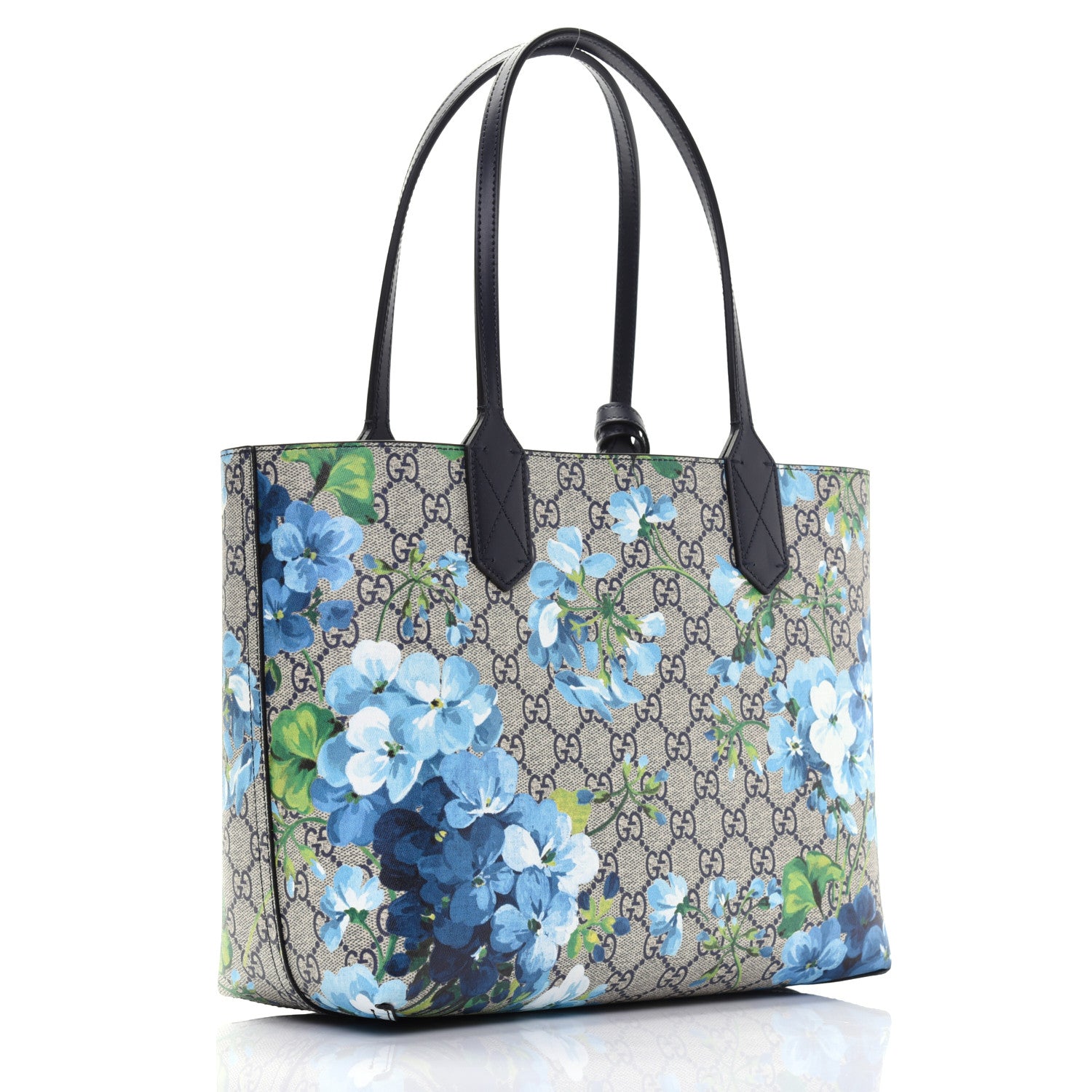Gucci GG Supreme Monogram Blooms Small Reversible Tote Beige Blue Navy 4 of 14