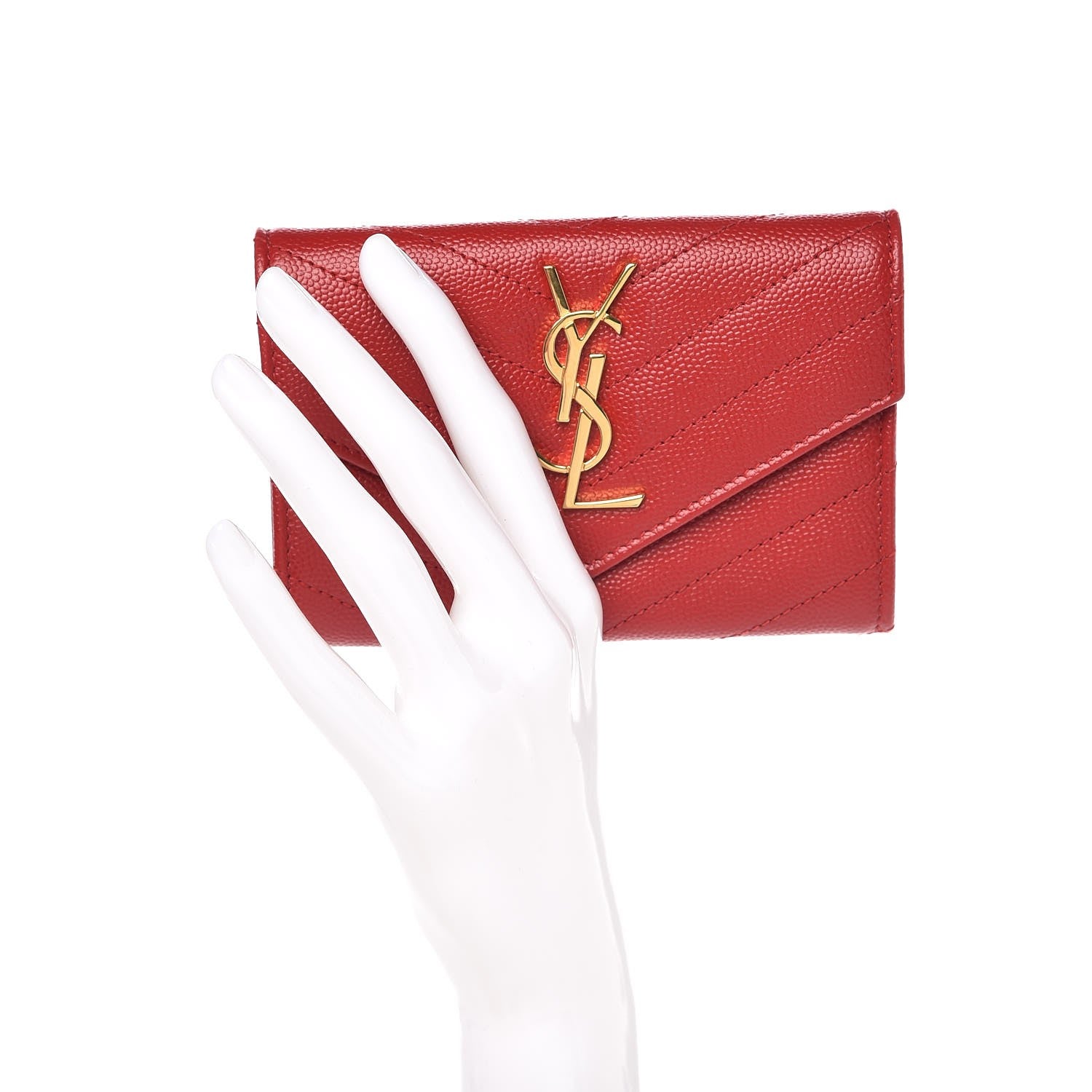 Saint Laurent Grain De Poudre Matelasse Chevron Small Monogram Envelope Wallet New Red 2 of 9