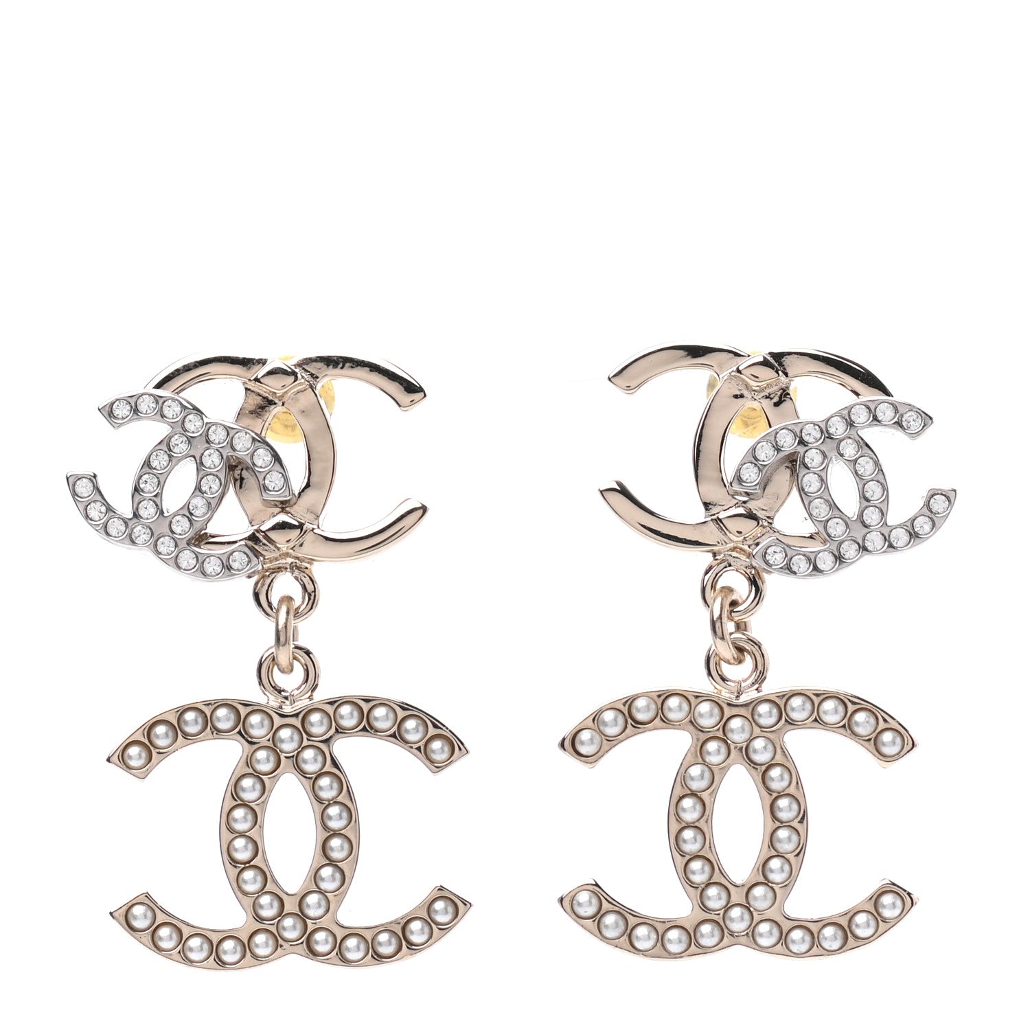 Chanel Crystal Pearl Double CC Drop Earrings Gold Silver 1 of 4