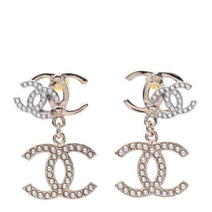 Chanel Crystal Pearl Double CC Drop Earrings Gold Silver 1 of 4