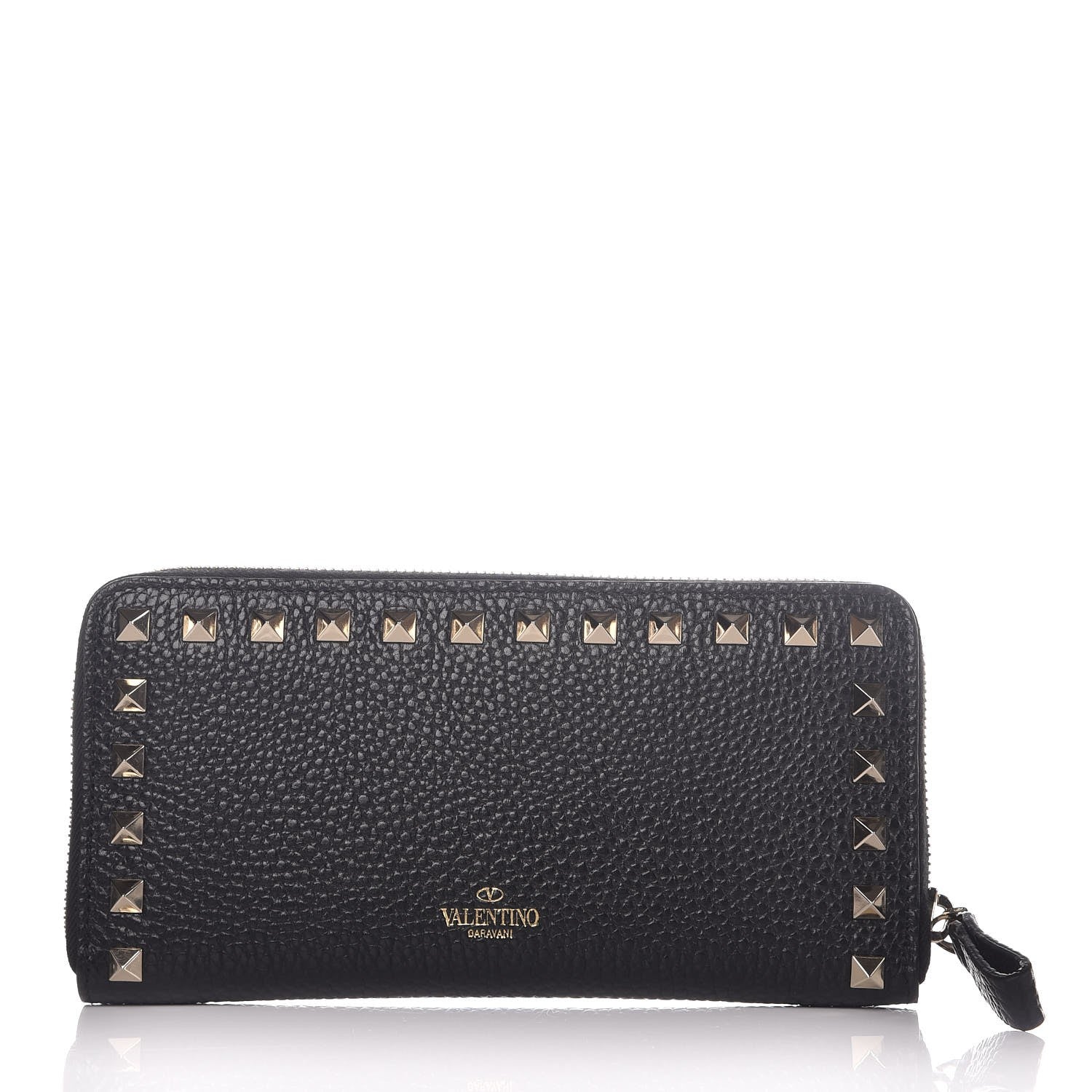Valentino Garavani Pebbled Calfskin Rockstud Zip Around Wallet Black 1 of 8
