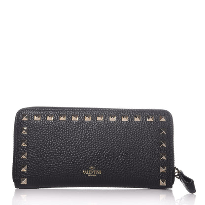 Valentino Garavani Pebbled Calfskin Rockstud Zip Around Wallet Black 1 of 8