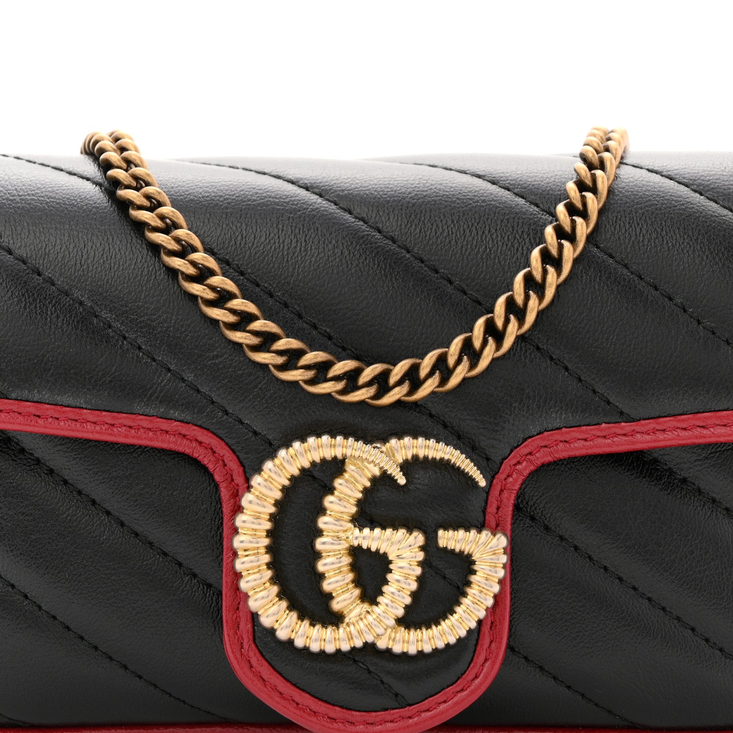 Gucci Vintage Effect Calfskin Matelasse Diagonal Super Mini Torchon GG Marmont Shoulder Bag Black Romantic Cherry 8 of 10