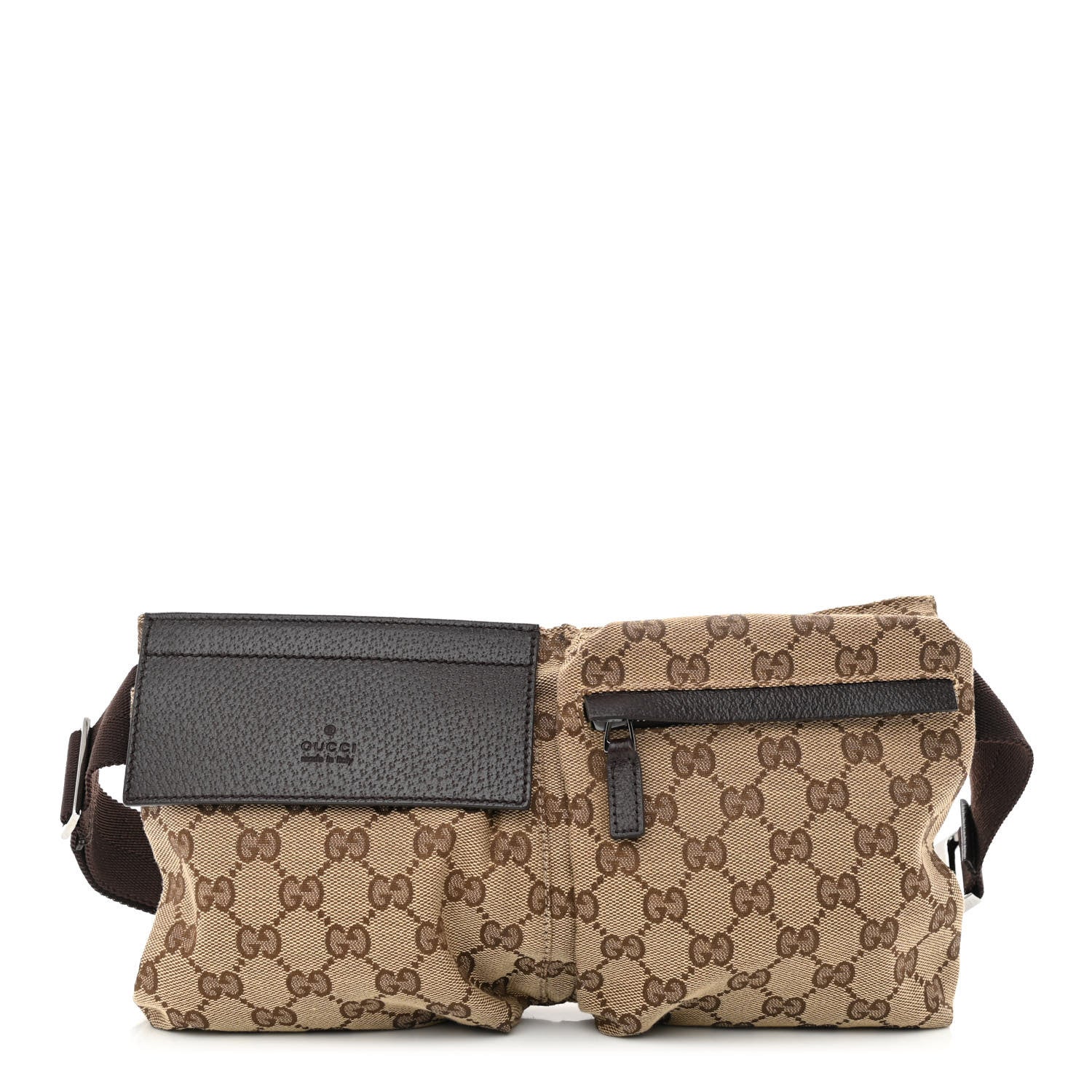product image of GUCCI GG Monogram Double Pocket Belt Bag Dark Brown FASHIONPHILE