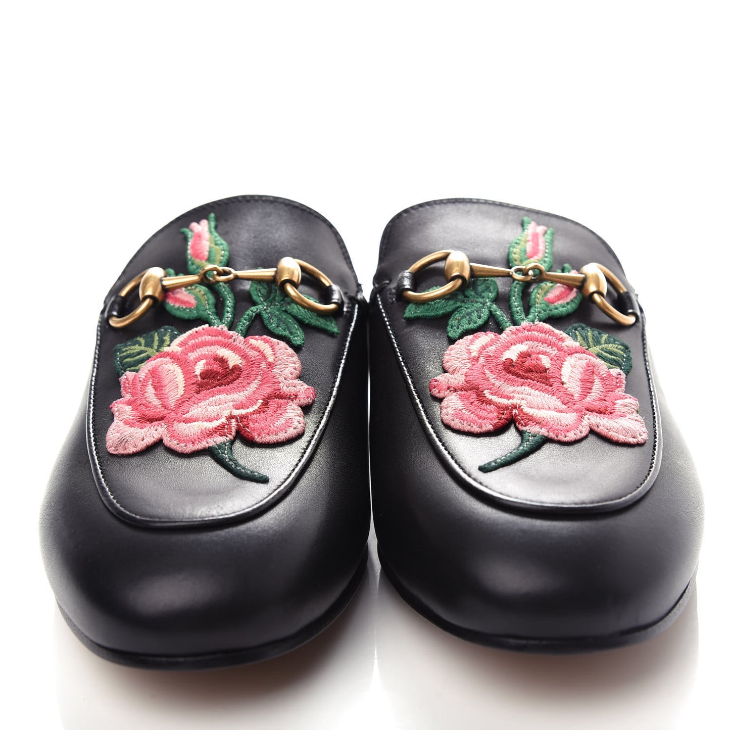 Calfskin Flower Embroidered Womens Princetown Slippers 35.5 Black