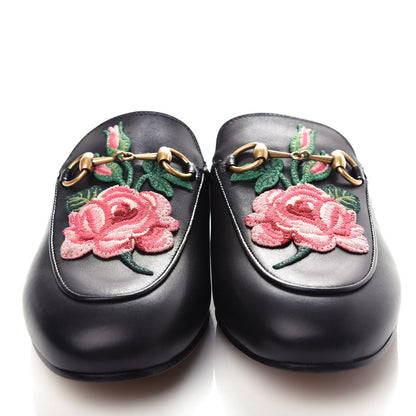 Gucci Calfskin Flower Embroidered Womens Princetown Slippers 35.5 Black 5 of 11