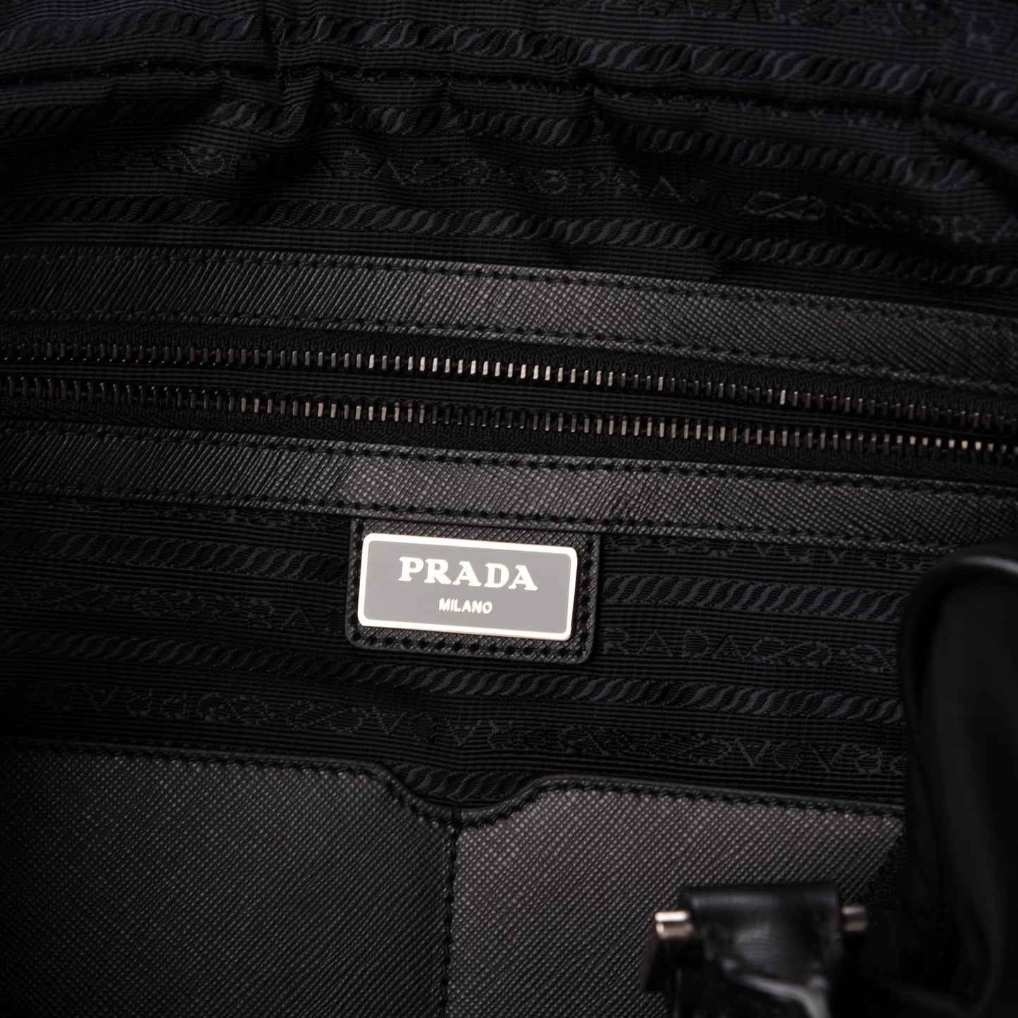 Tessuto Nylon Saffiano Metal Triangle Logo Work Bag Black
