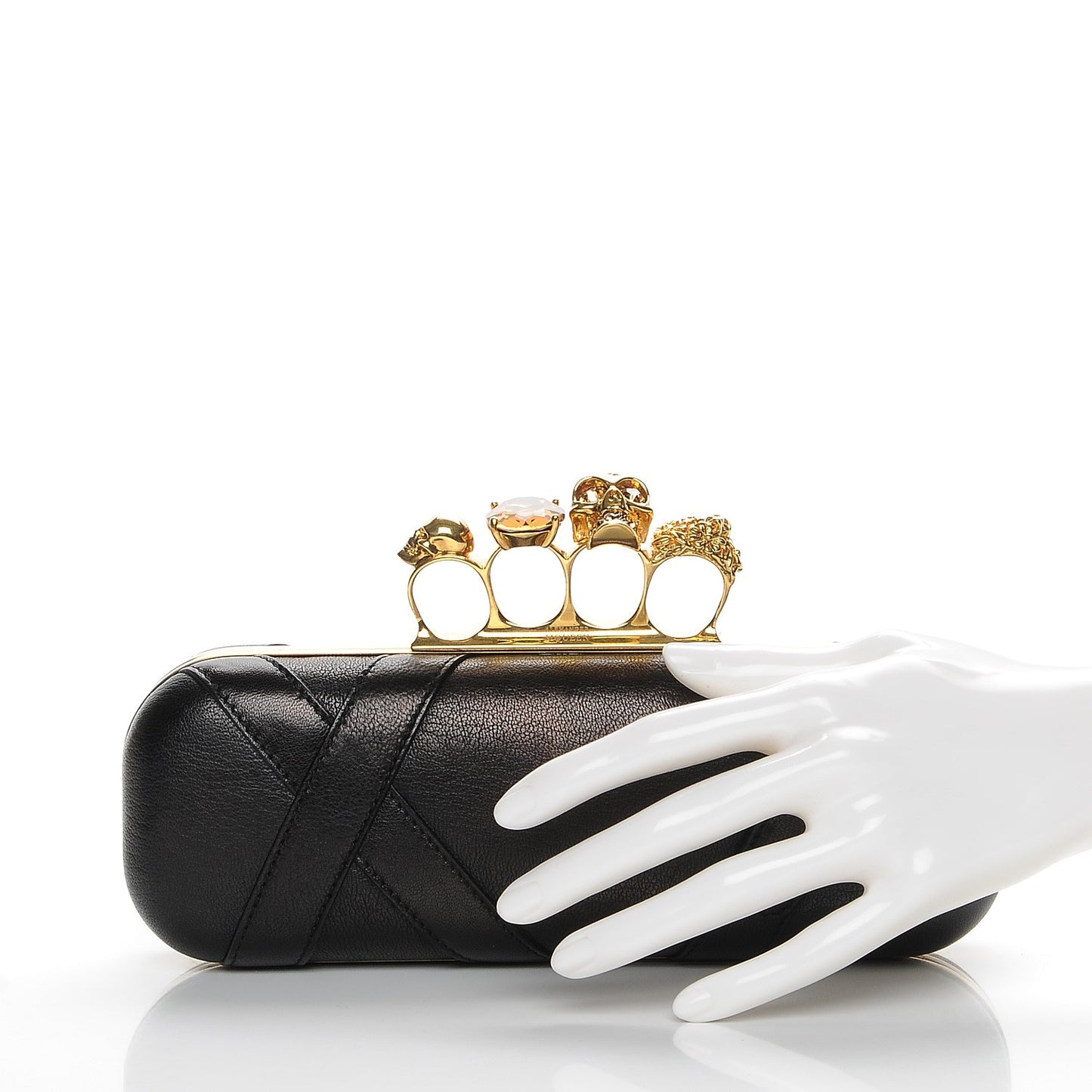 Nappa Buckle Skull Knuckle Box Clutch Black