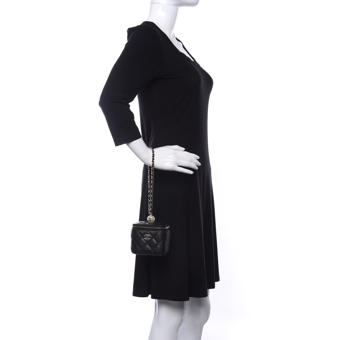 Caviar Quilted Mini Pearl On Top Vanity Case With Chain Black