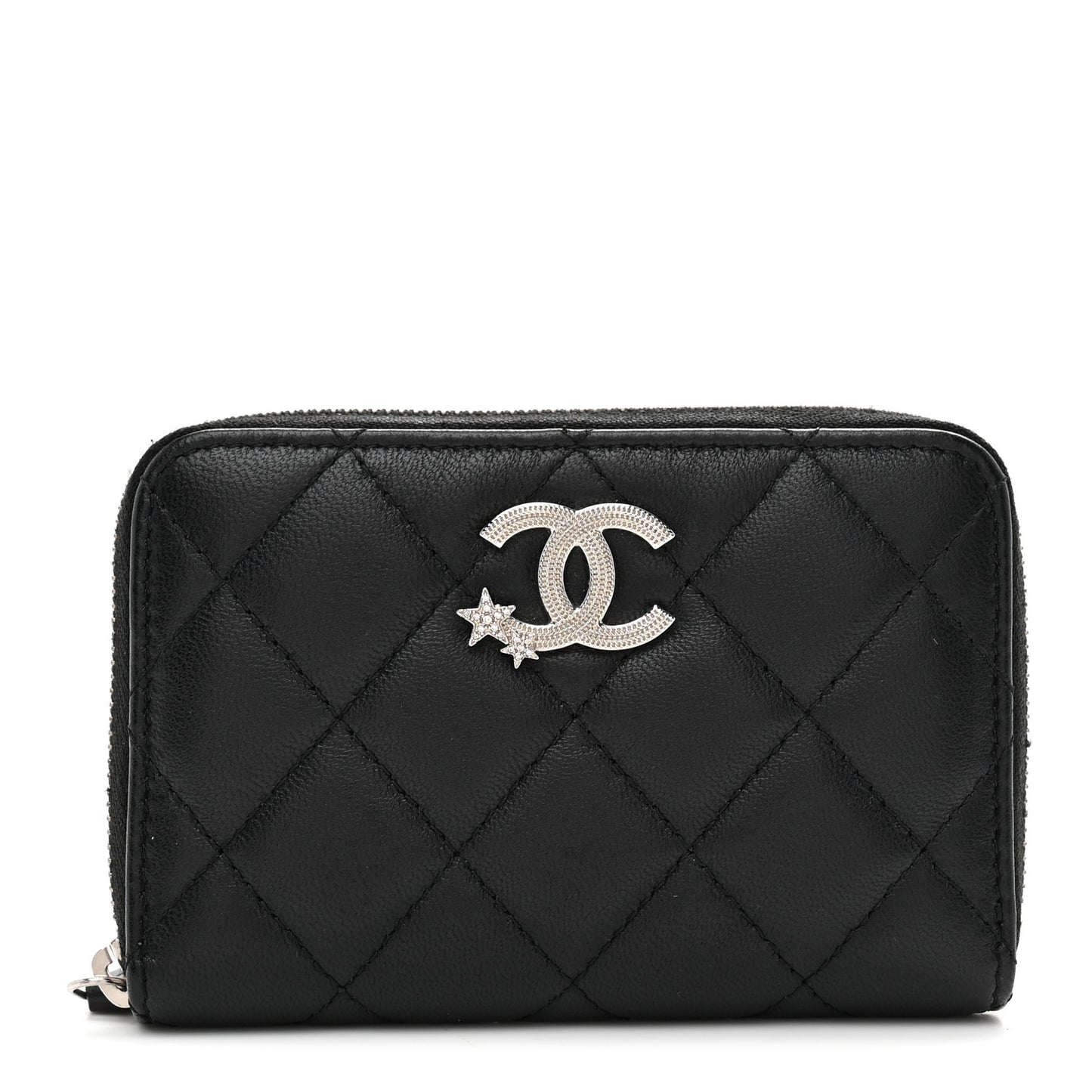 Lambskin Crystal Star Quilted Studded CC Zip Around Card Holder Wallet Black