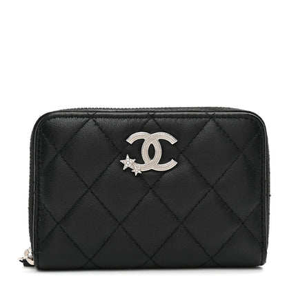 Chanel Lambskin Crystal Star Quilted Studded CC Zip Around Card Holder Wallet Black 1 of 8