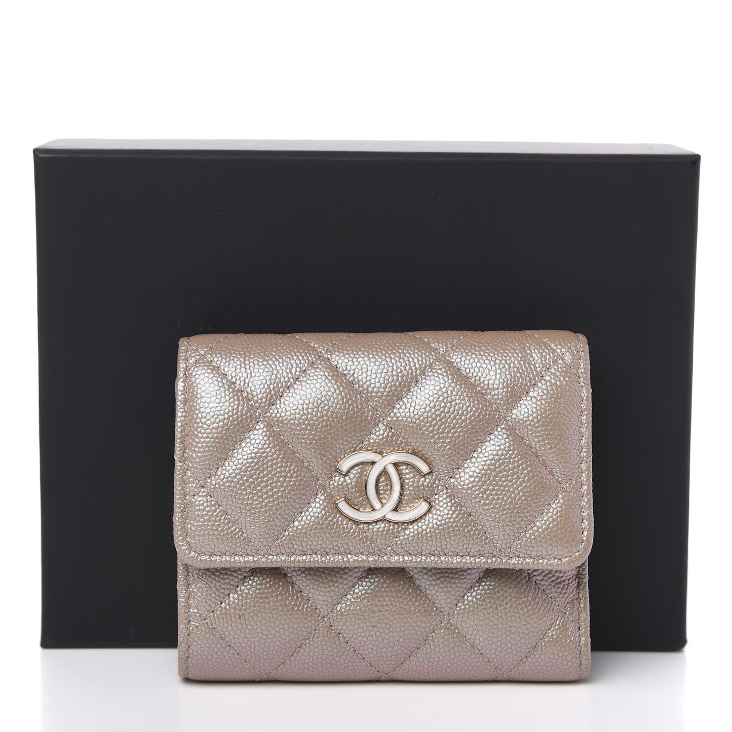 Iridescent Caviar Quilted Small Flap Wallet Beige