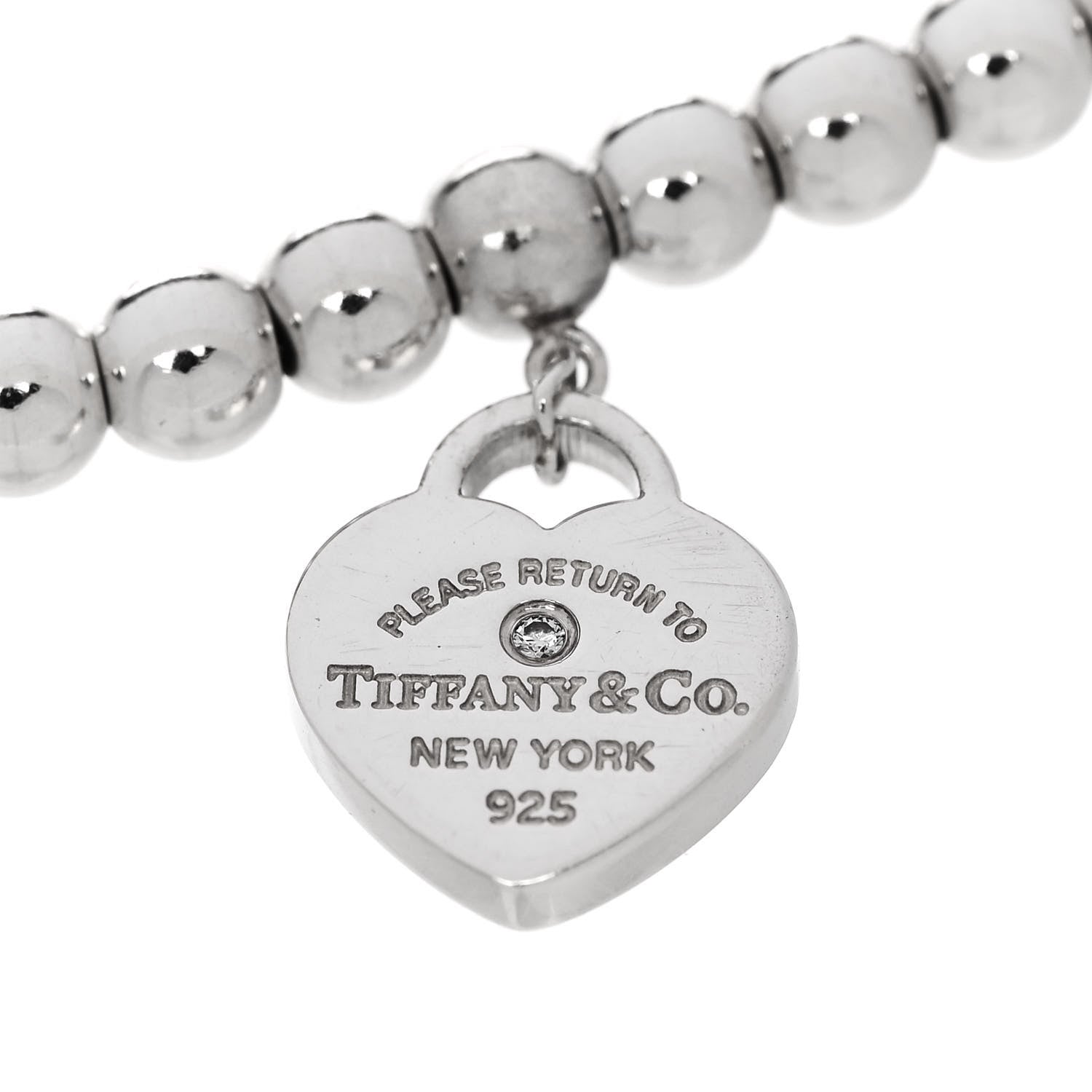 Tiffany Sterling Silver Enamel Diamond 4mm Return to Tiffany Heart Tag Bead Bracelet Blue 5 of 9