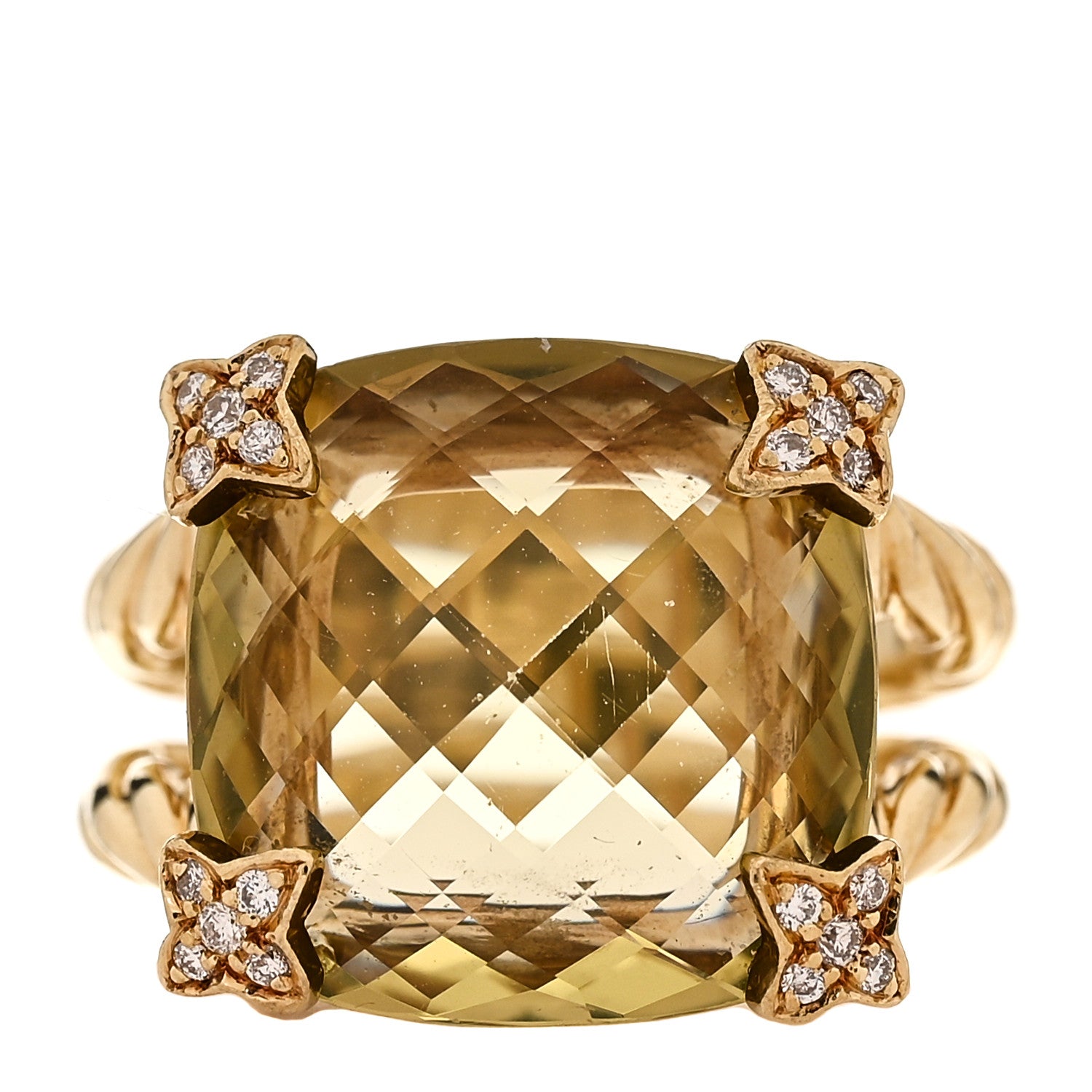 David Yurman 18K Yellow Gold Citrine Diamond 15mm Cushion On Point Ring 49 5 1 of 5