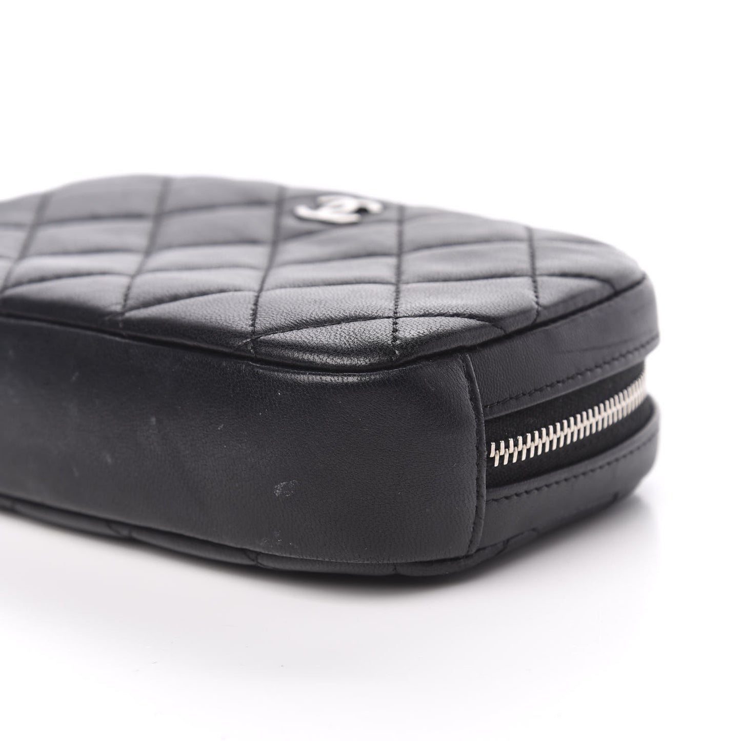 Lambskin Quilted Small Curvy Pouch Cosmetic Case Black