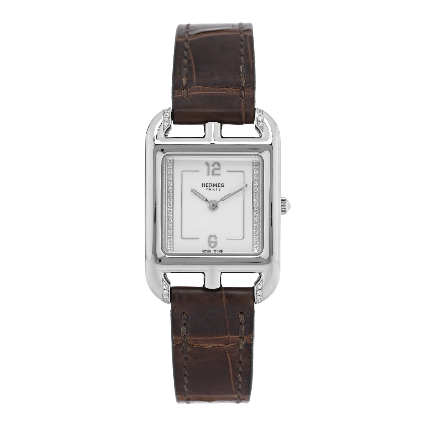 Hermes Stainless Steel Alligator Diamond Pave 23mm Cape Cod Quartz Watch Gris Elephant 1 of 5