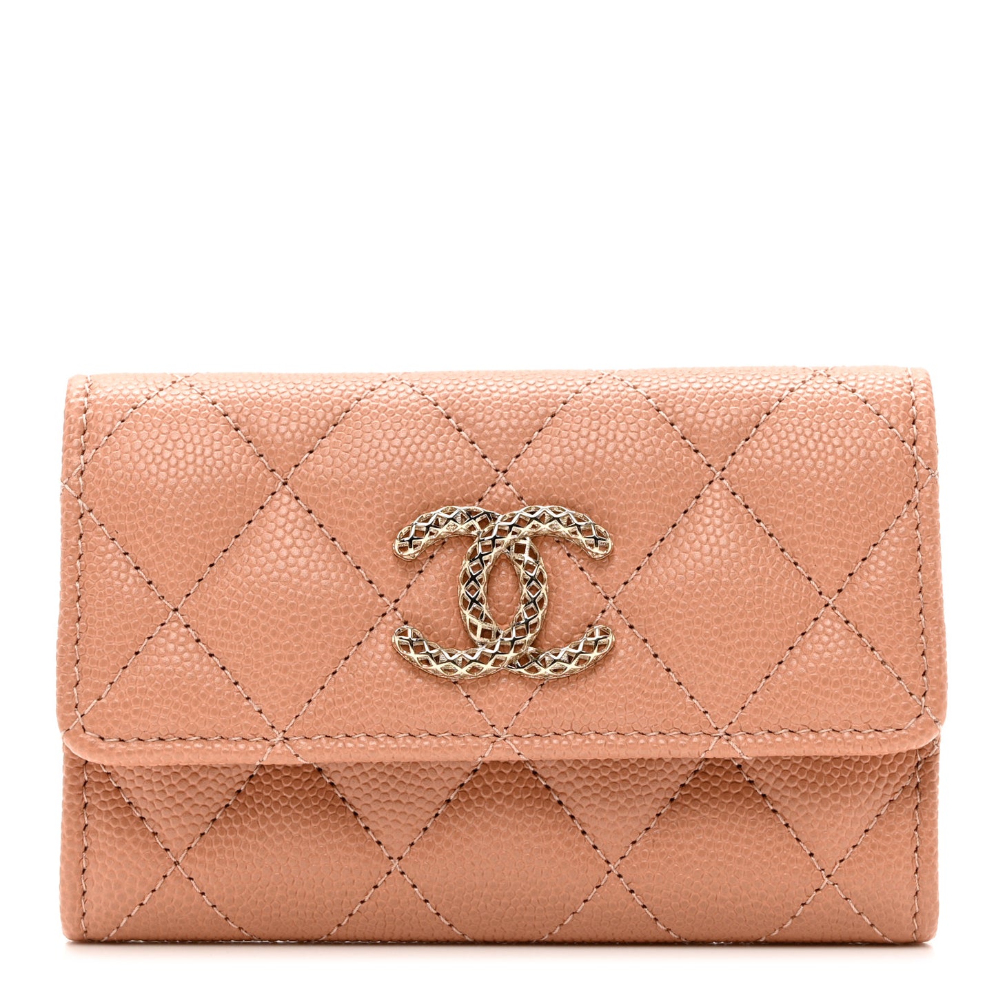 Caviar Metal Perforated Quilted CC Flap Card Holder Beige