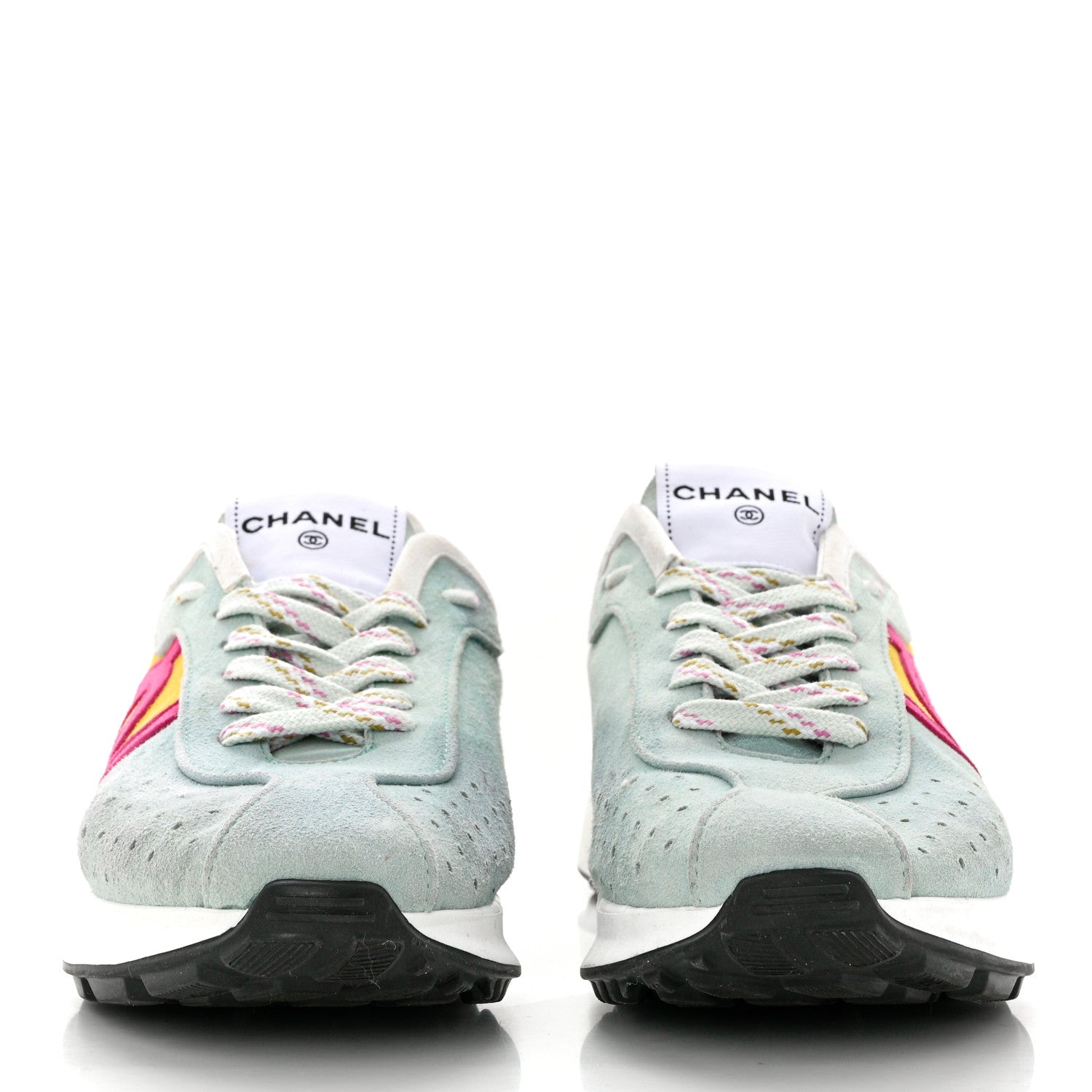 Chanel Fabric Suede Kidskin CC Sneakers 41 Light Turquoise Fuchsia Yellow 2 of 10