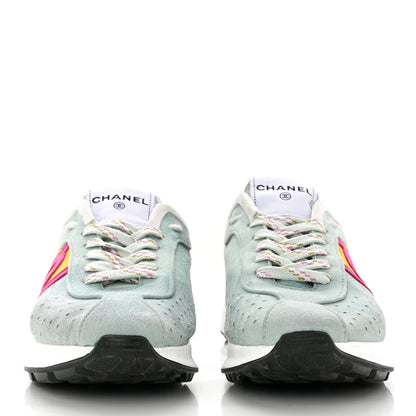 Chanel Fabric Suede Kidskin CC Sneakers 41 Light Turquoise Fuchsia Yellow 2 of 10