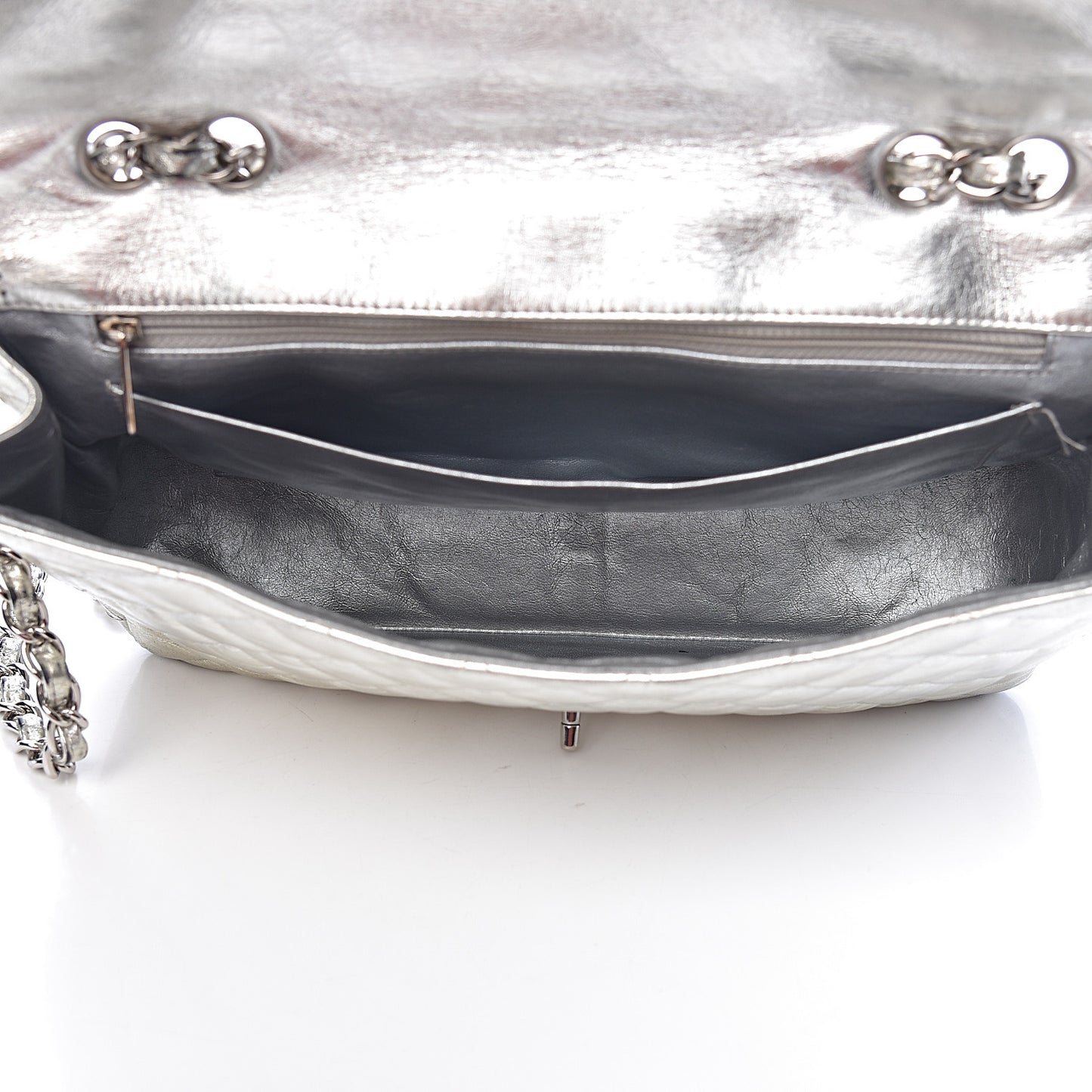 Metallic Aged Calfskin Quilted Jumbo Single Flap Silver