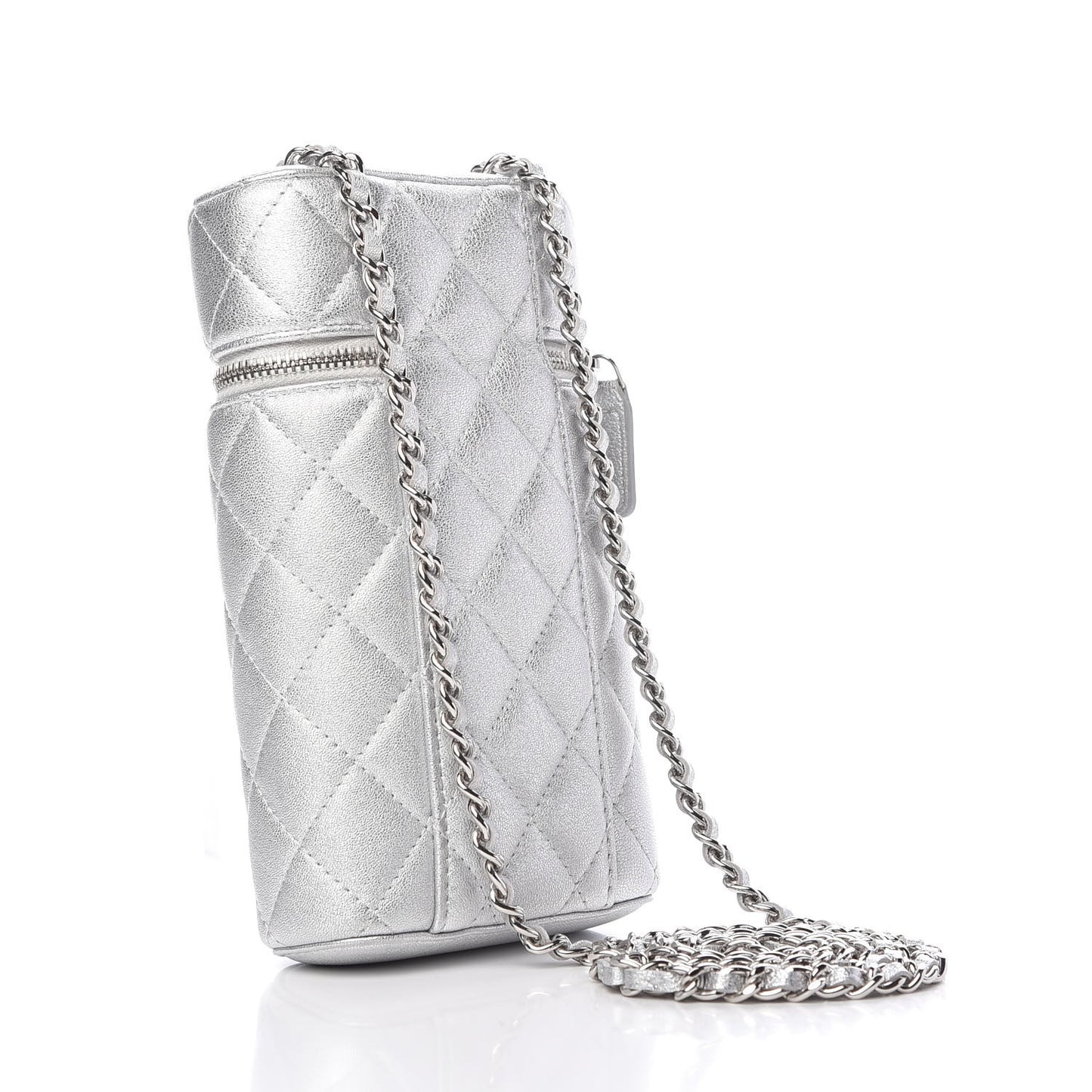 Metallic Lambskin Quilted Phone Holder With Chain Silver
