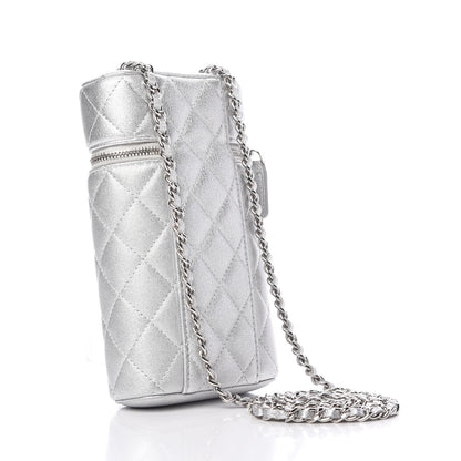 Chanel Metallic Lambskin Quilted Phone Holder With Chain Silver 3 of 10