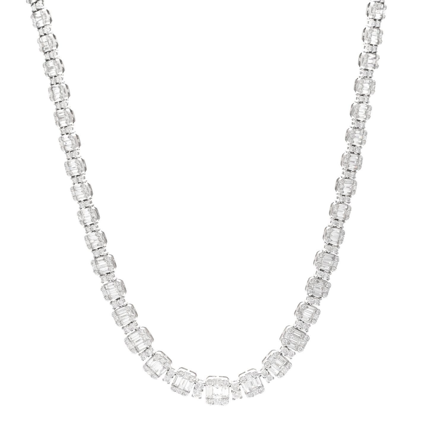 18K White Gold Diamond 13.56ctw Baguette Round Cut Graduated Necklace