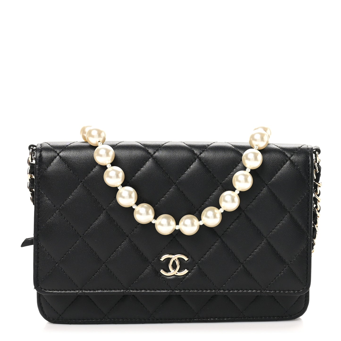 Lambskin Quilted Pearl Wallet On Chain WOC Black