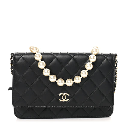 Chanel Lambskin Quilted Pearl Wallet On Chain WOC Black 1 of 12