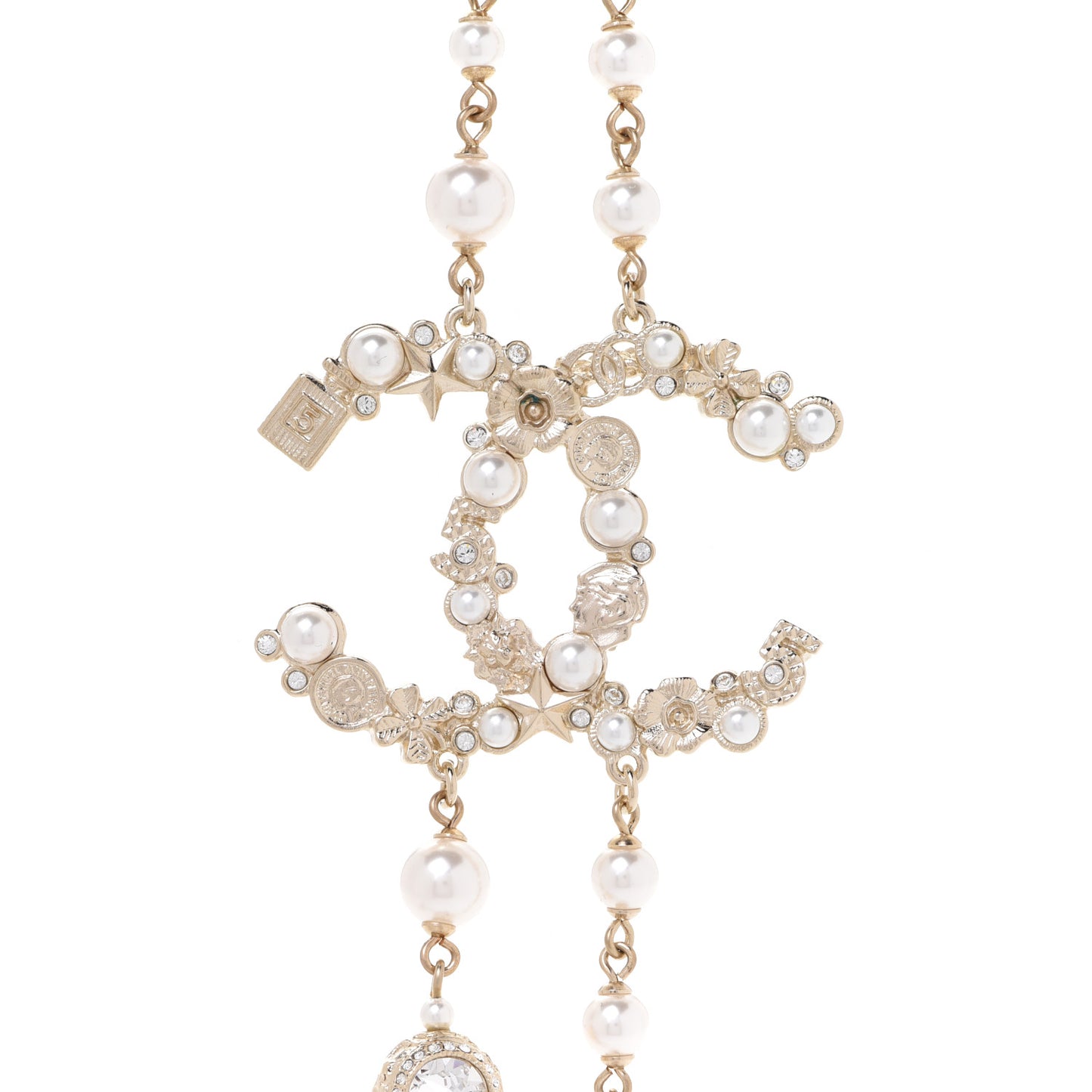Crystal Pearl CC Charms Long Necklace Gold