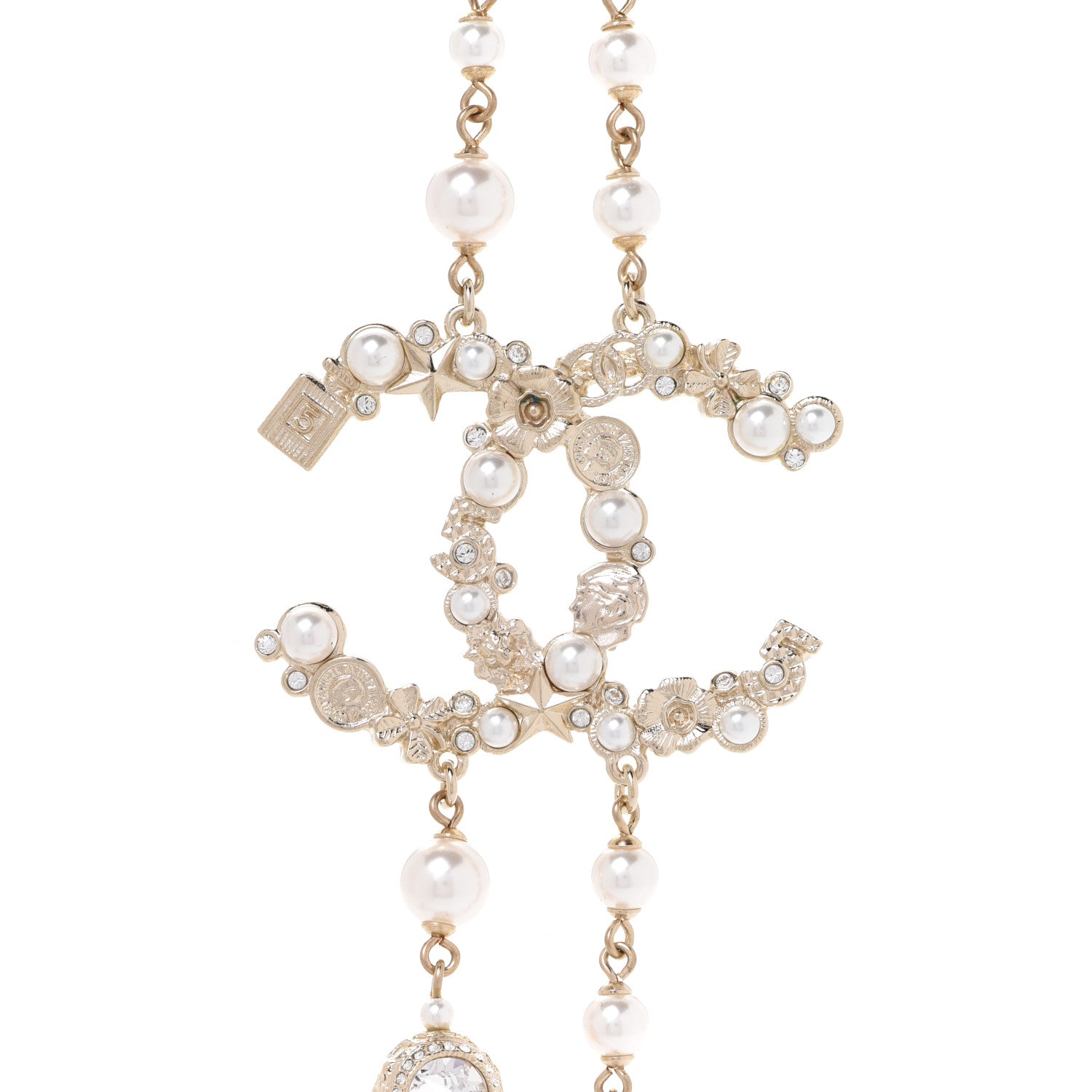 Chanel Crystal Pearl CC Charms Long Necklace Gold 4 of 5