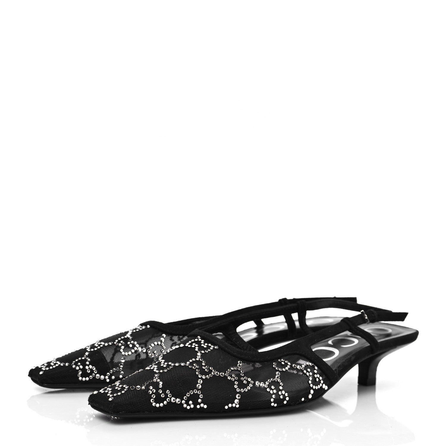 Gucci Tela Retino Kid Scamosciato Crystal GG Monogram Square G 35mm Slingback Pumps 37.5 Black 3 of 9