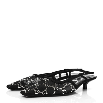 Gucci Tela Retino Kid Scamosciato Crystal GG Monogram Square G 35mm Slingback Pumps 37.5 Black 3 of 9