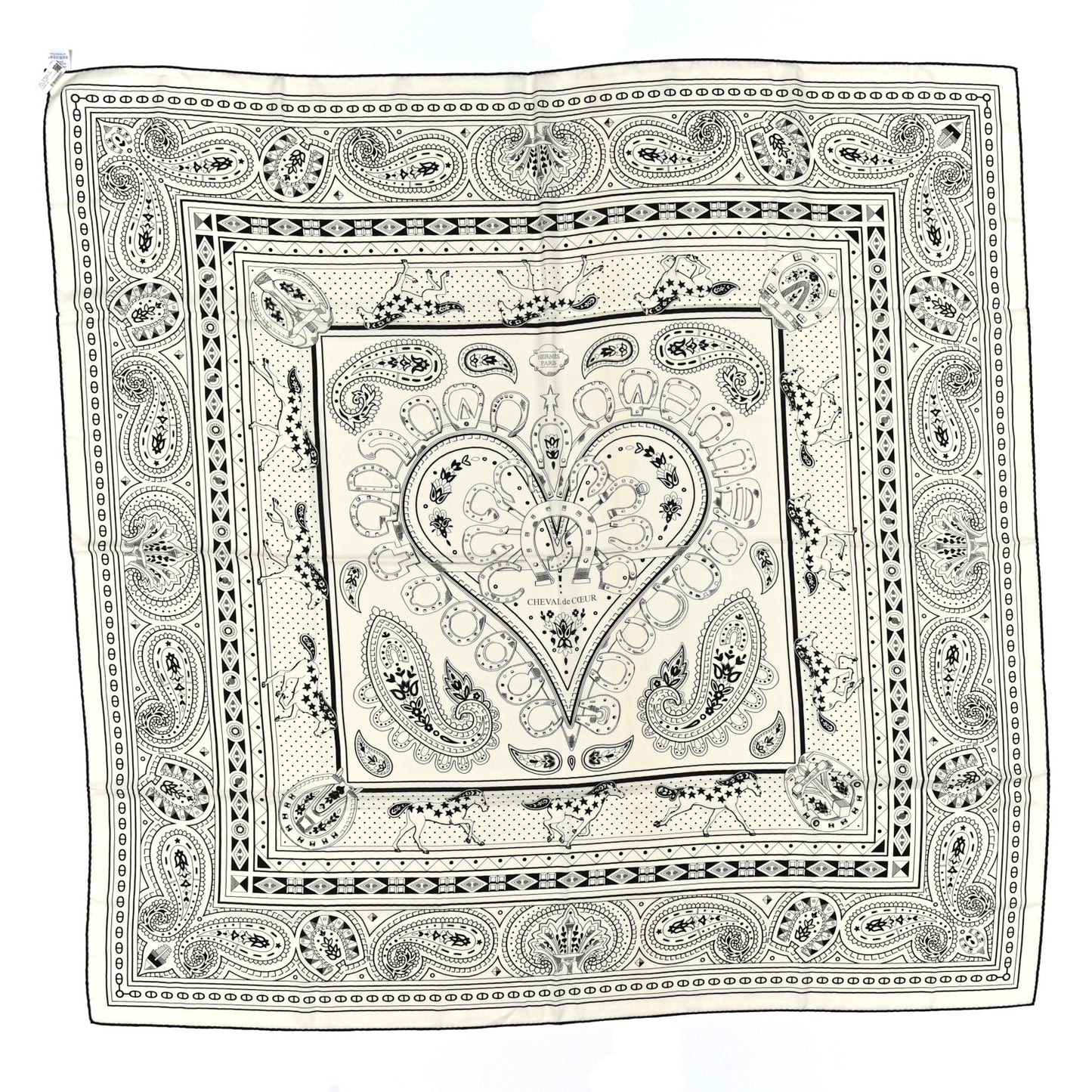 Cashmere Silk Cheval De Coeur Bandana Shawl 140 White Black
