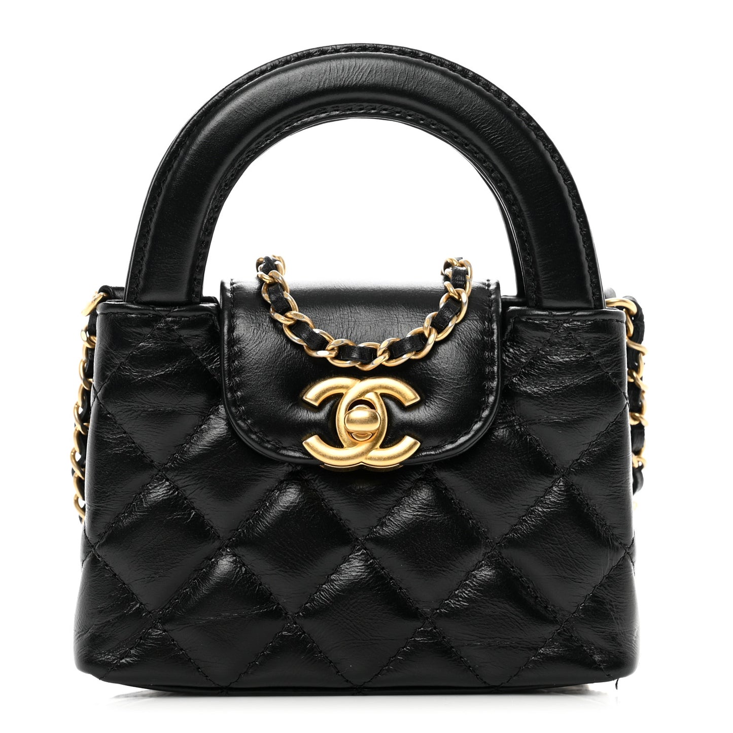 Shiny Aged Calfskin Quilted Mini Nano Kelly Shopper Black