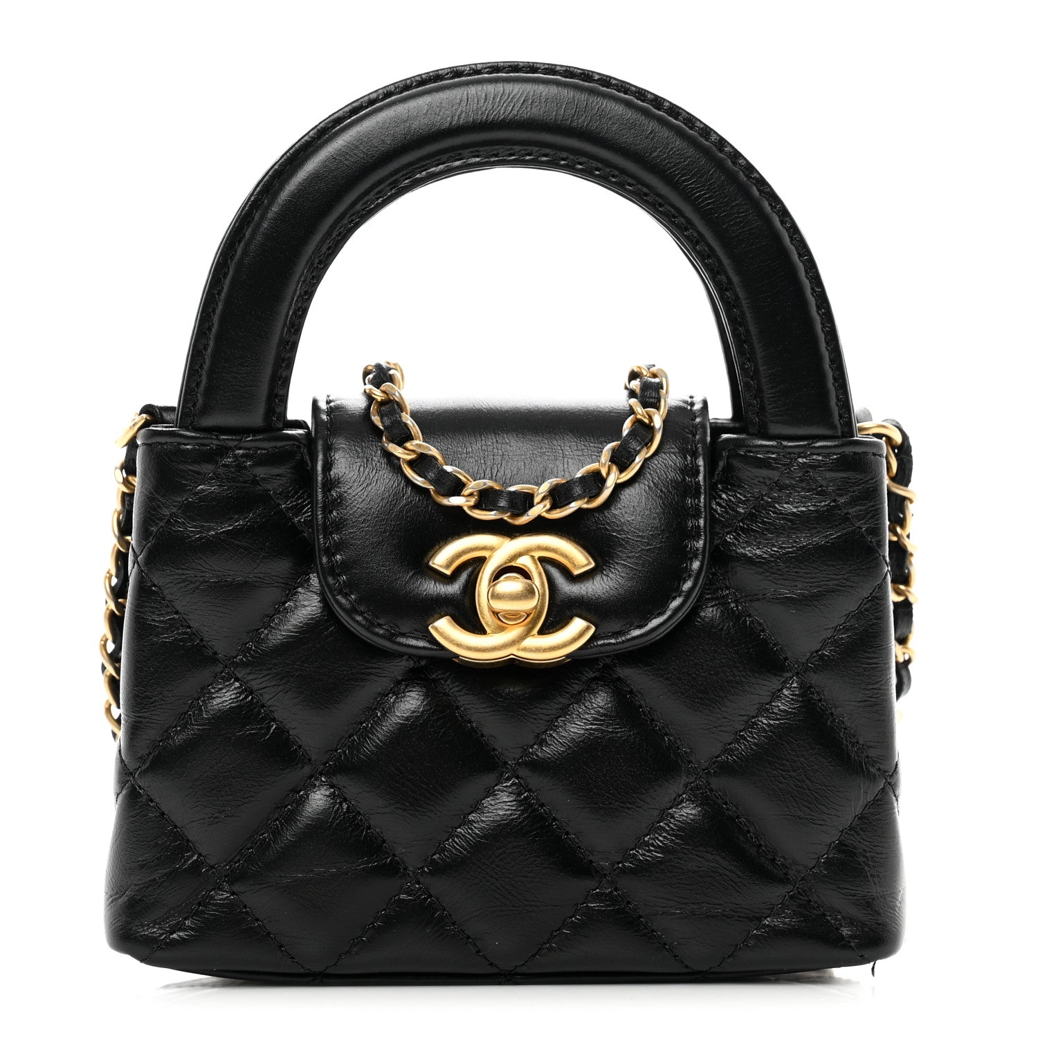 Chanel Shiny Aged Calfskin Quilted Mini Nano Kelly Shopper Black 1 of 7