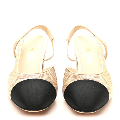 Chanel Sequin Grosgrain Cap Toe CC Slingback Pumps 40 Beige Black 3 of 10