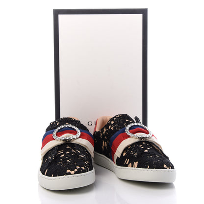 Gucci Lace Crystal Sylvie Web Flower Leaf Womens Ace Sneakers 39 Black Tan Beige 10 of 10
